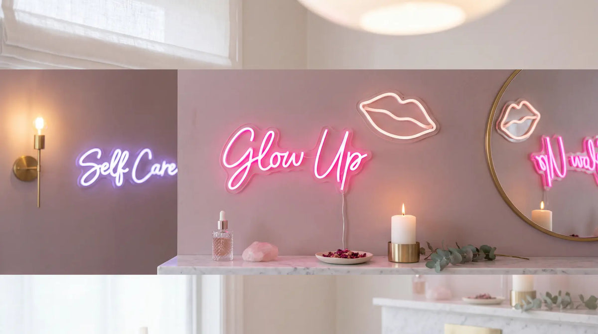 Salon and spa LED neon signs glowing on a beauty salon wall