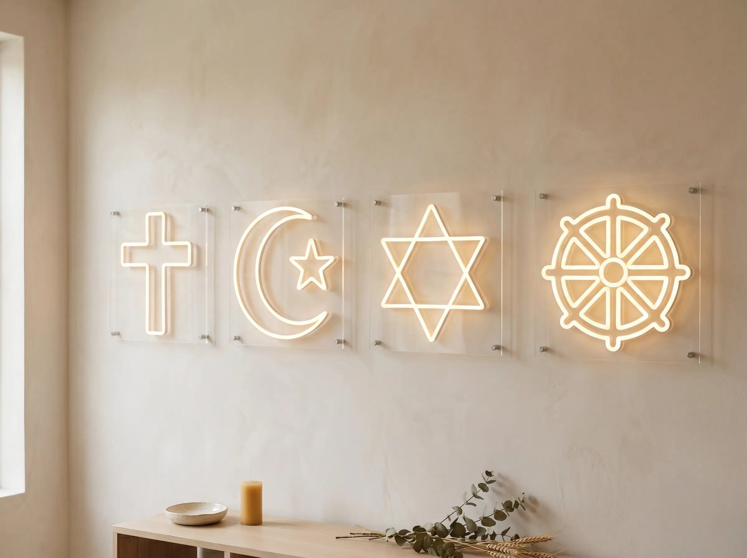 Religion led neon signs on a wall cover image