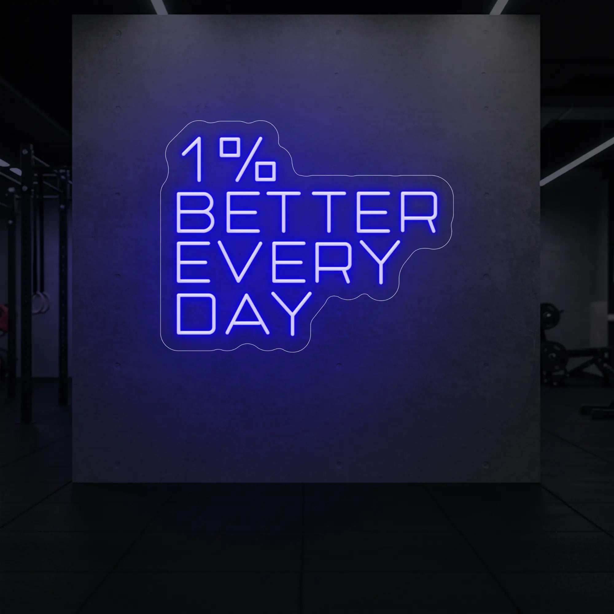 '1% Better Every Day' neon sign glowing in deep blue against a styled interior wall.