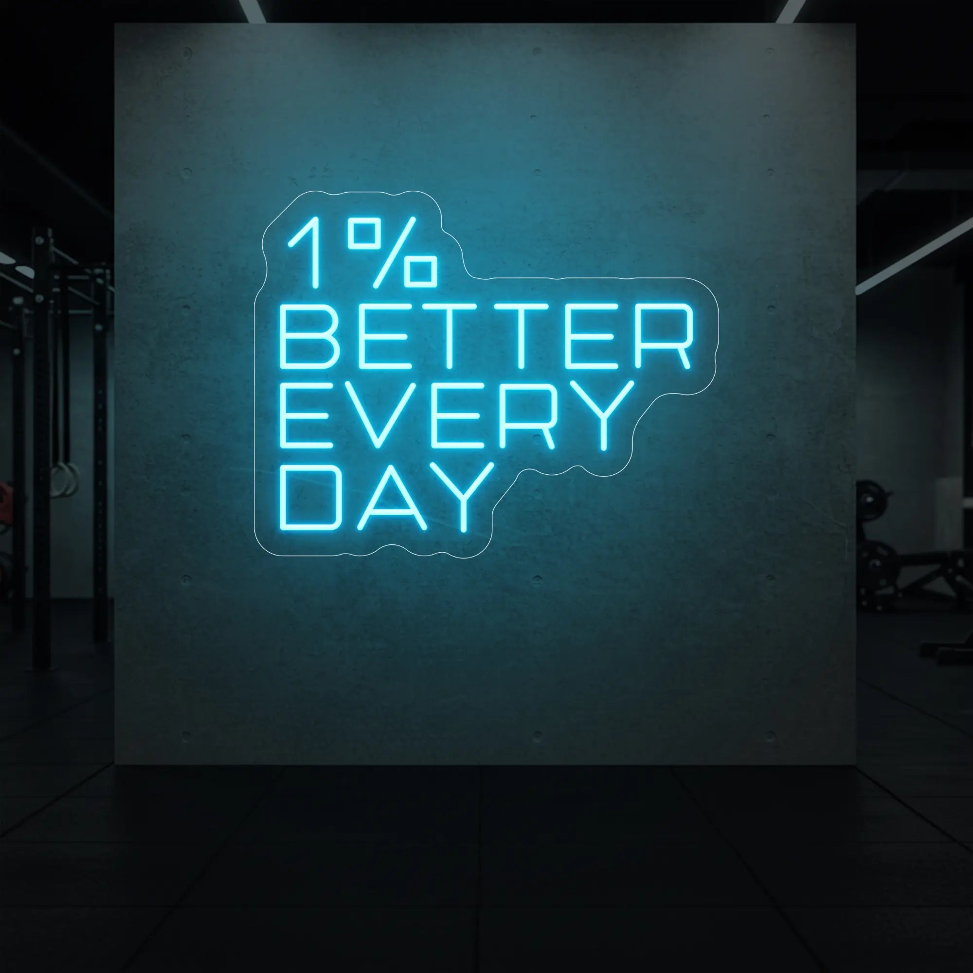 '1% Better Every Day' neon sign glowing in ice blue against a styled interior wall.