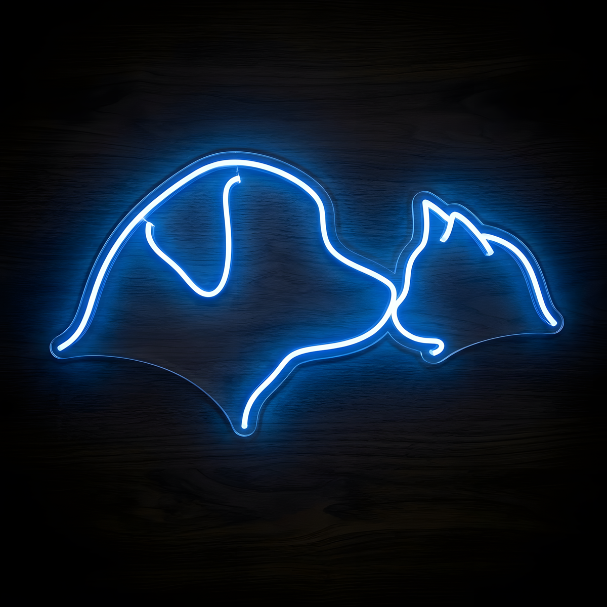 Dog and Cat Cuddle LED Neon Sign featuring a glowing blue line-art silhouette of a dog and cat resting closely together on clear acrylic backing against a dark wood wall.