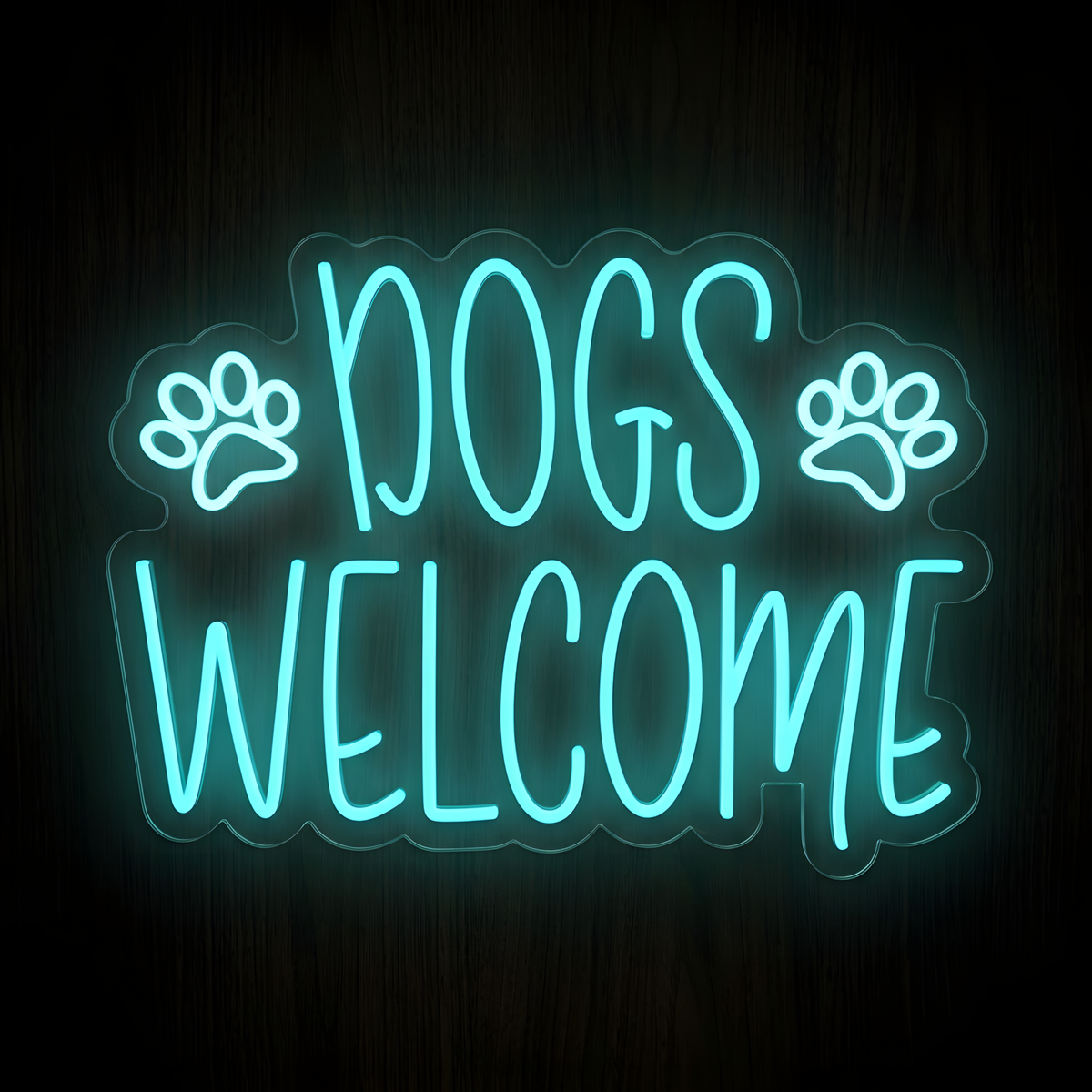 Dogs Welcome LED Neon Sign glowing in bright turquoise with large DOGS WELCOME lettering and two paw print accents on clear acrylic backing, ideal for pet-friendly businesses, dog daycare centers, grooming salons, veterinary clinics, pet shops, and boarding facilities