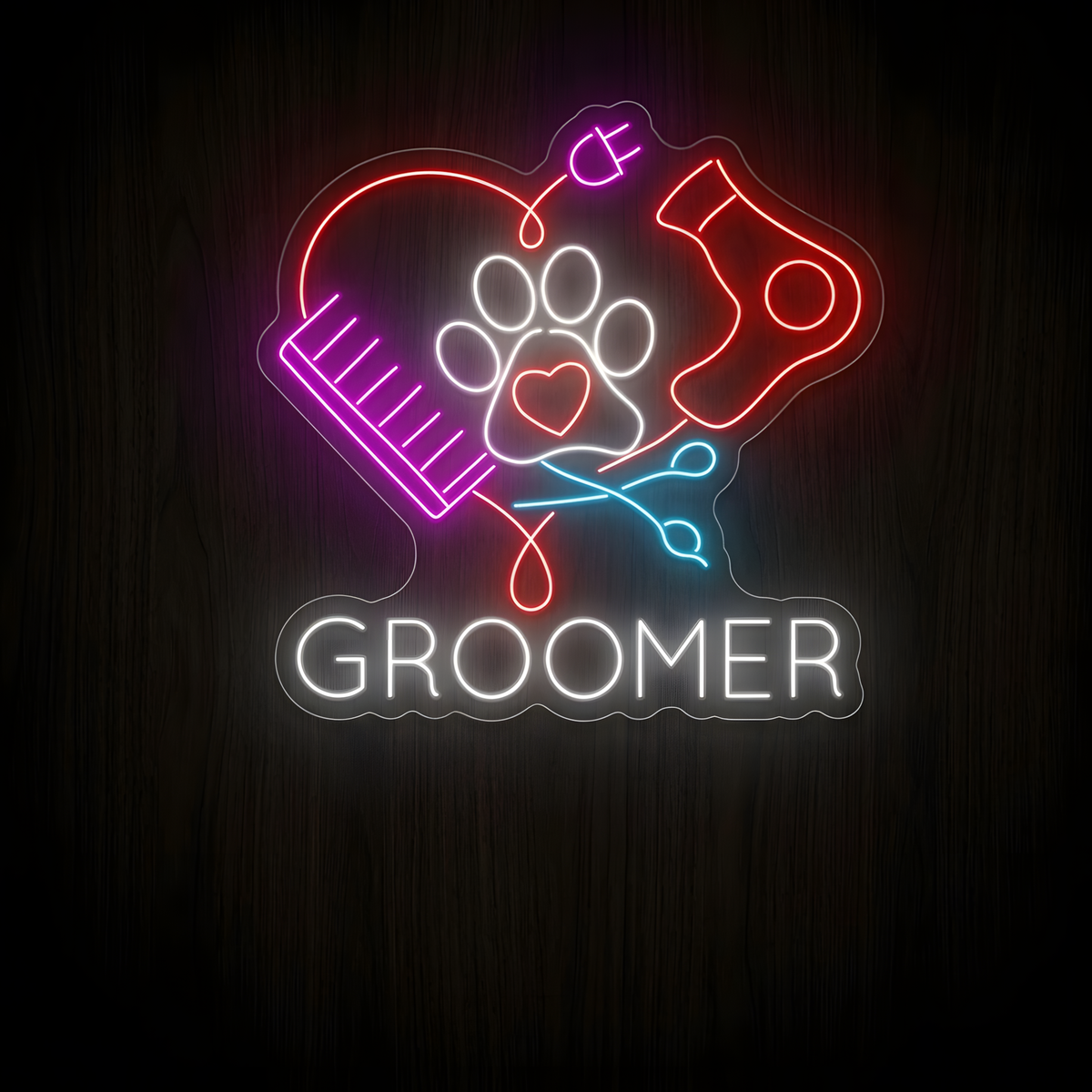 Groomer Tools LED Neon Sign featuring GROOMER lettering, grooming scissors, comb, electric clippers, paw print and heart for pet grooming salon wall decor