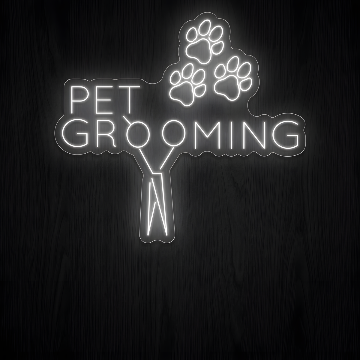 Paws Pet Grooming LED Neon Sign featuring bright white PET GROOMING lettering, three glowing paw prints, and grooming scissors for dog groomers, pet salons, pet spas, and grooming business wall decor