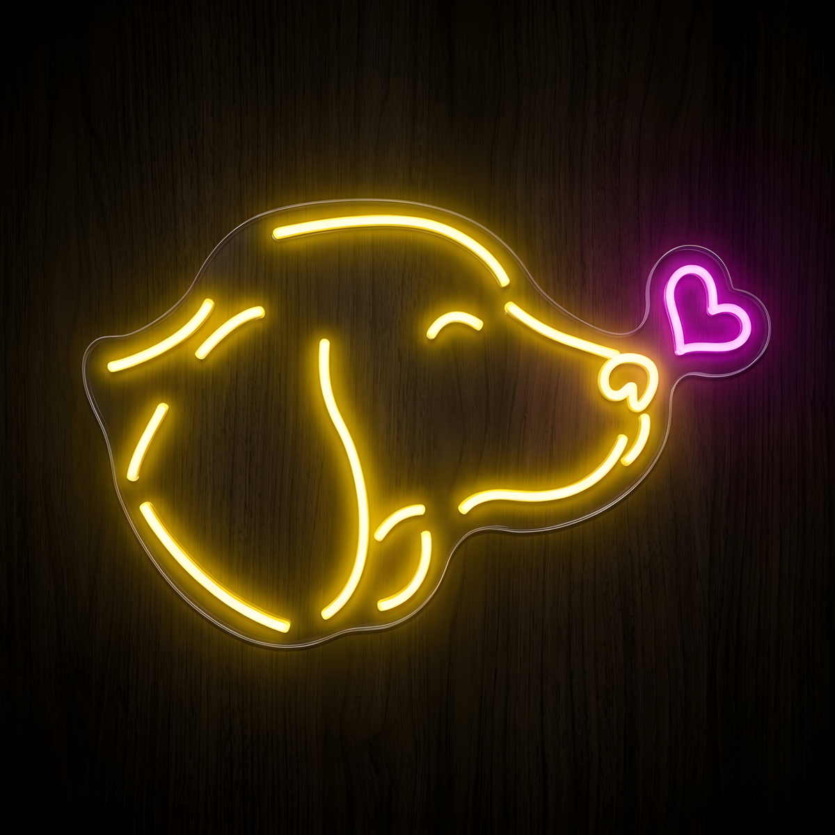 Puppy Kiss LED Neon Sign featuring a cute yellow glowing dog blowing a bright pink heart-shaped kiss on clear acrylic backing against a dark wood wall.