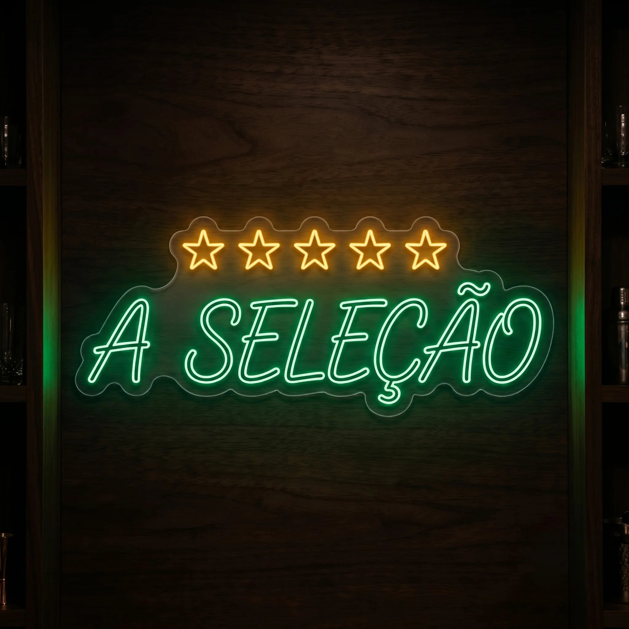 A Seleção Brazil LED neon sign featuring green lettering and five gold stars