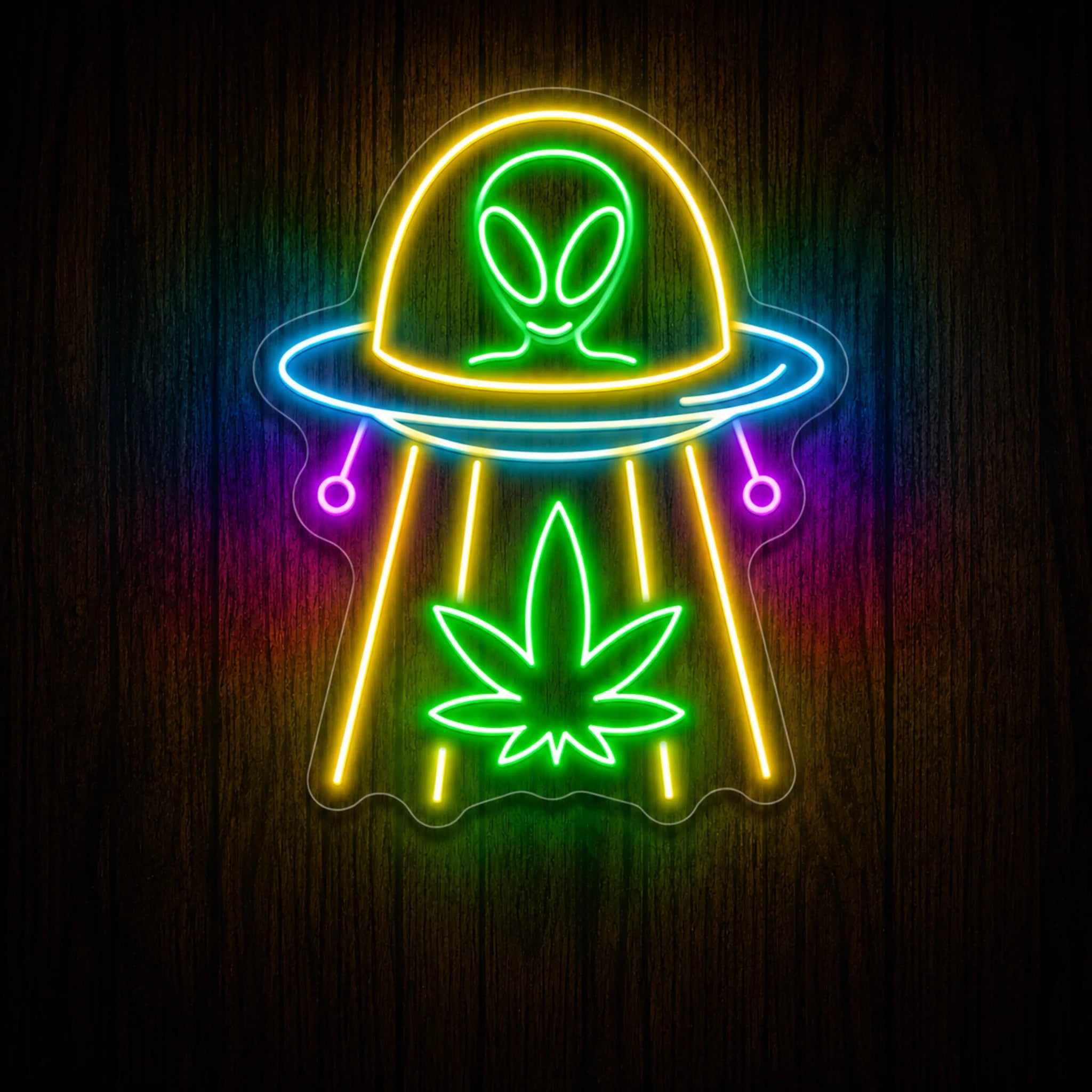 Alien UFO Cannabis Beam LED neon sign featuring a smiling alien inside a flying saucer projecting a glowing cannabis leaf with colorful neon lighting on a clear acrylic backing.