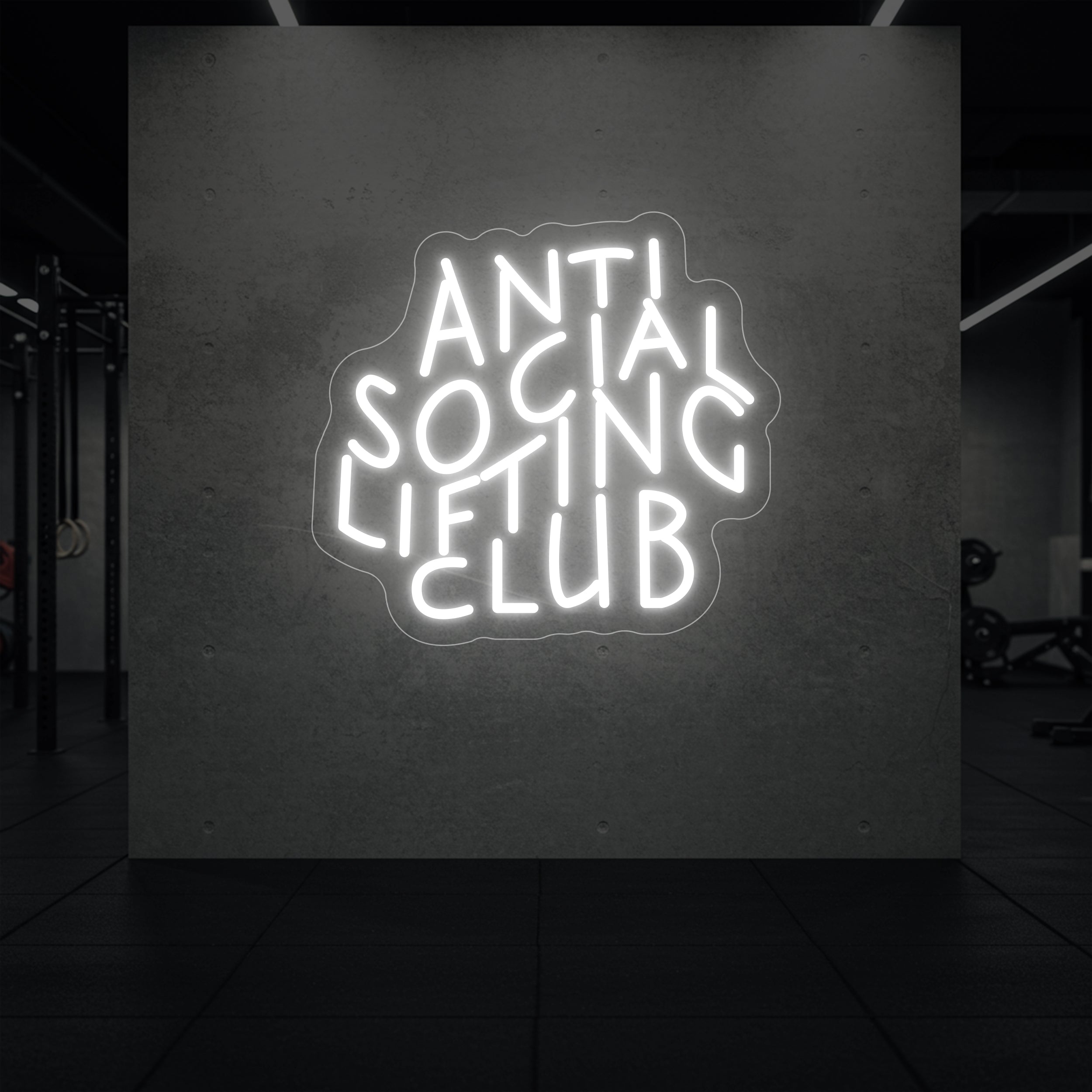 'Anti Social Lifting Club' neon sign glowing in cool white against a styled interior wall.