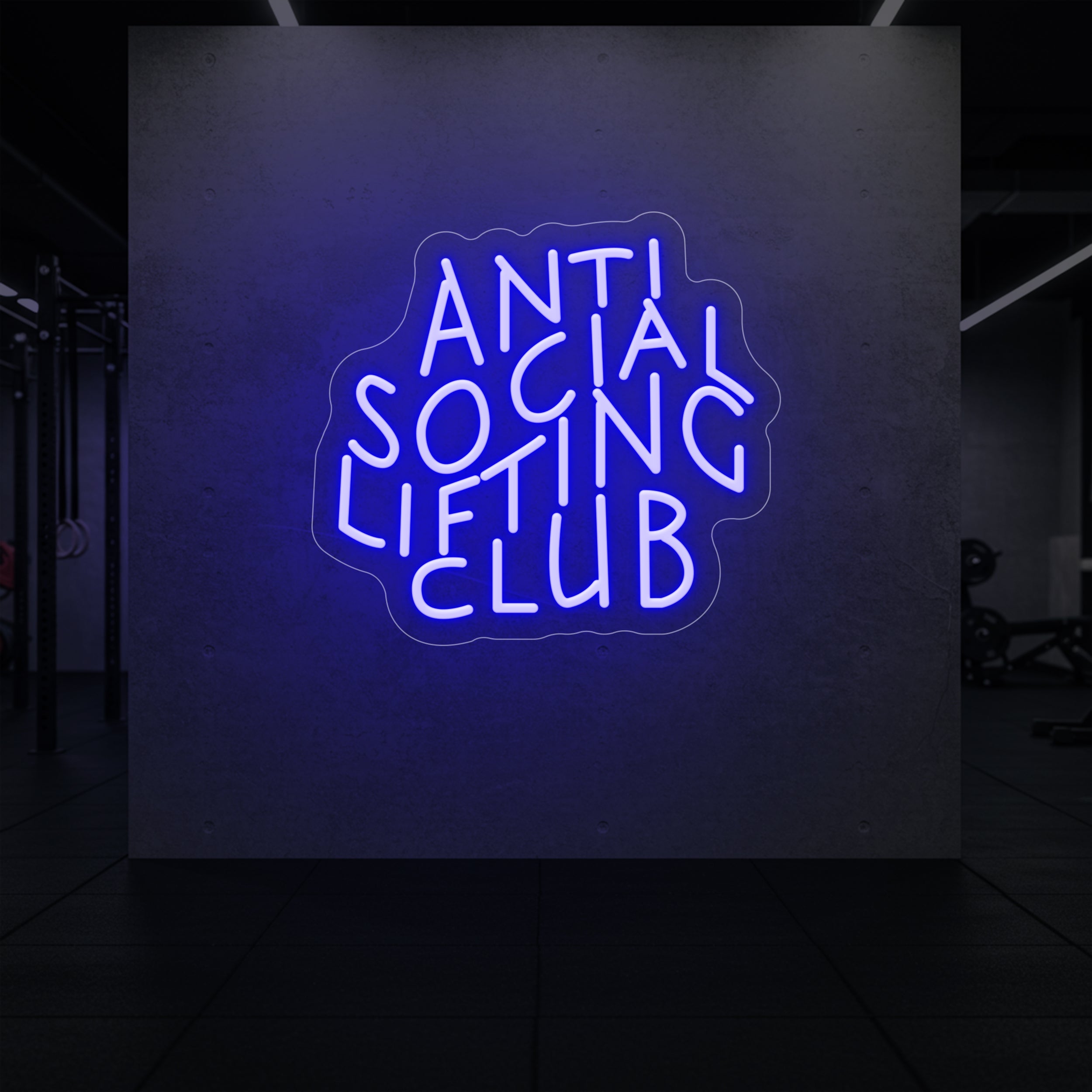 'Anti Social Lifting Club' neon sign glowing in deep blue against a styled interior wall.