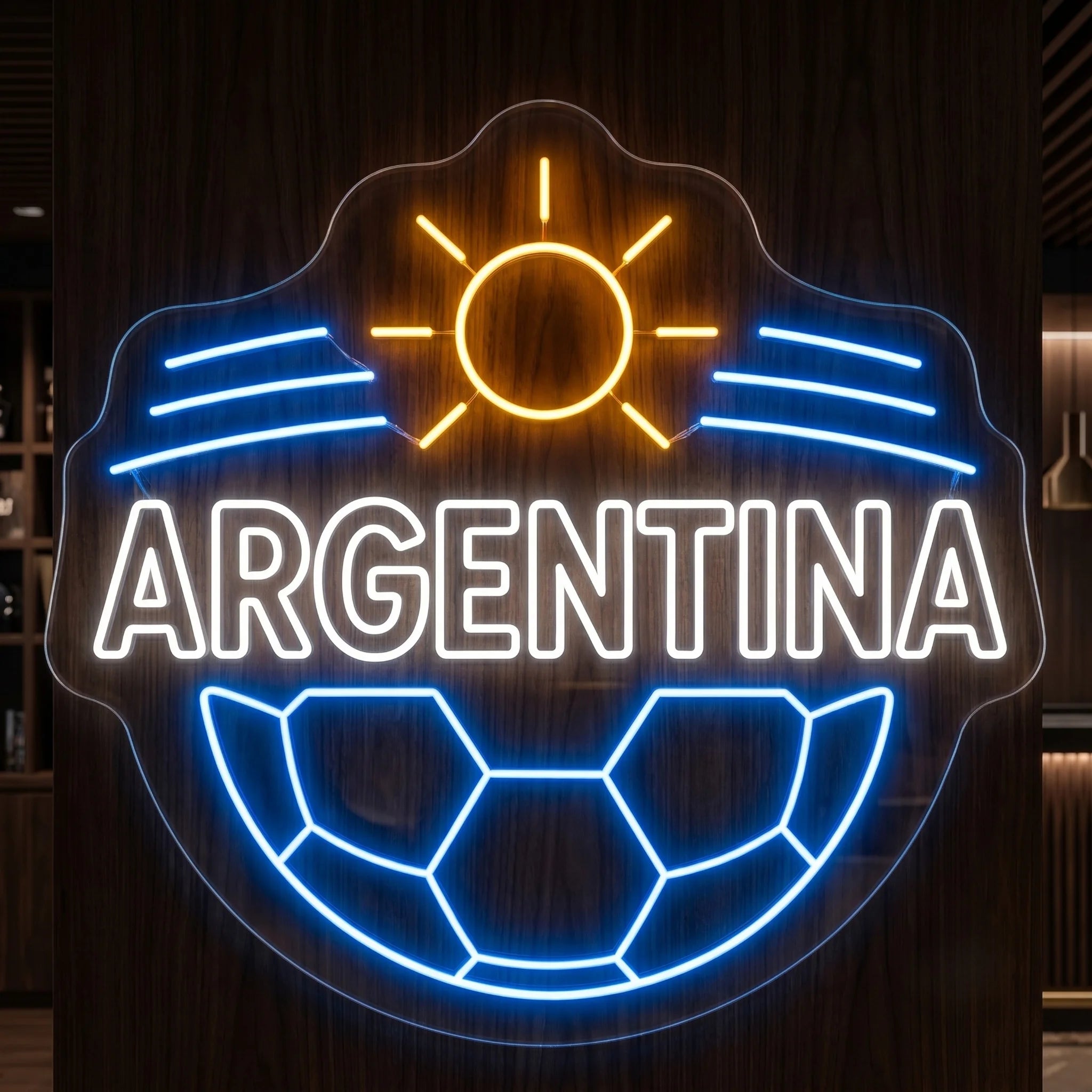 Argentina LED neon sign with soccer ball, sun emblem and illuminated Argentina lettering