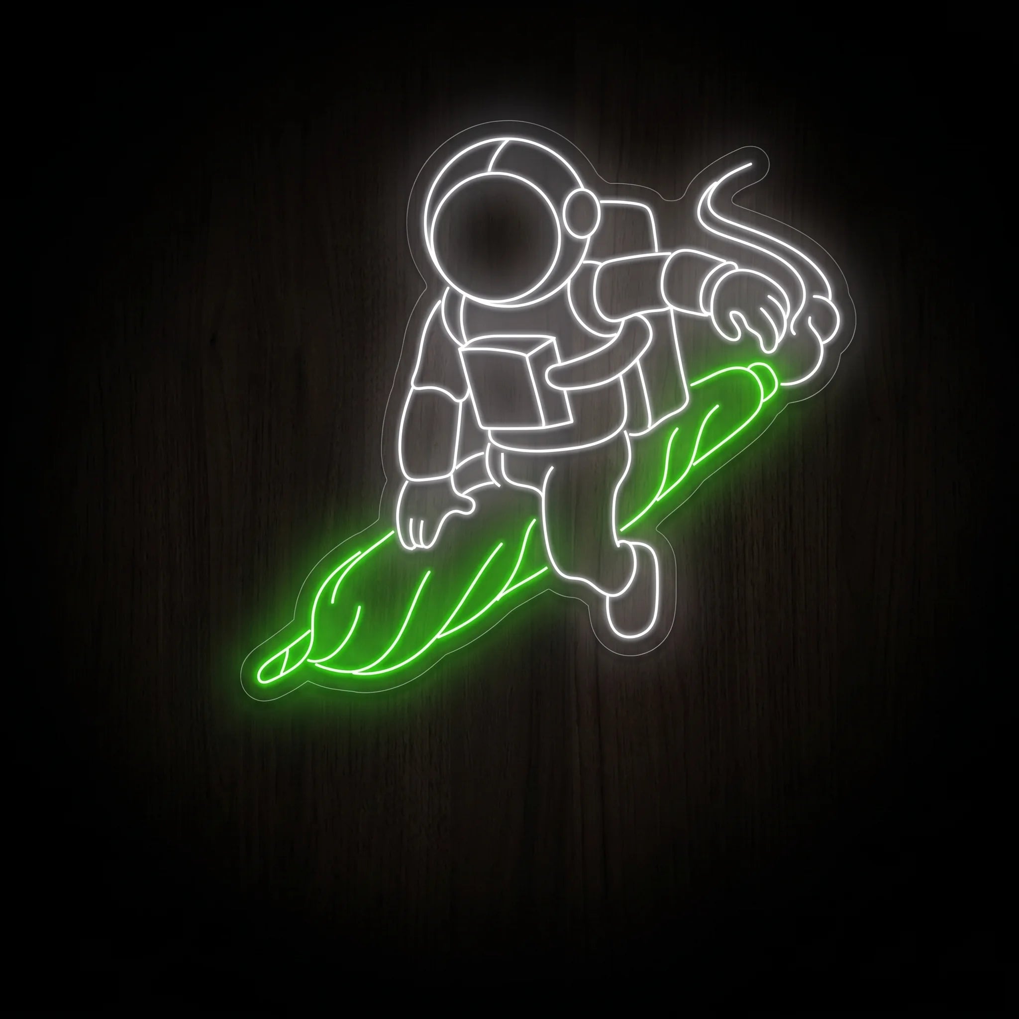 White astronaut LED neon sign riding a glowing green rolled joint with white smoke on clear acrylic backing for recreational wall dΓ©cor.