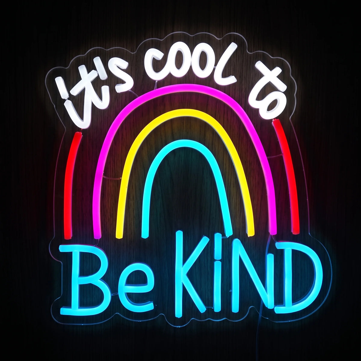 Be Kind Rainbow LED Neon Sign featuring the words IT'S COOL TO Be KiND with a colorful glowing rainbow design.