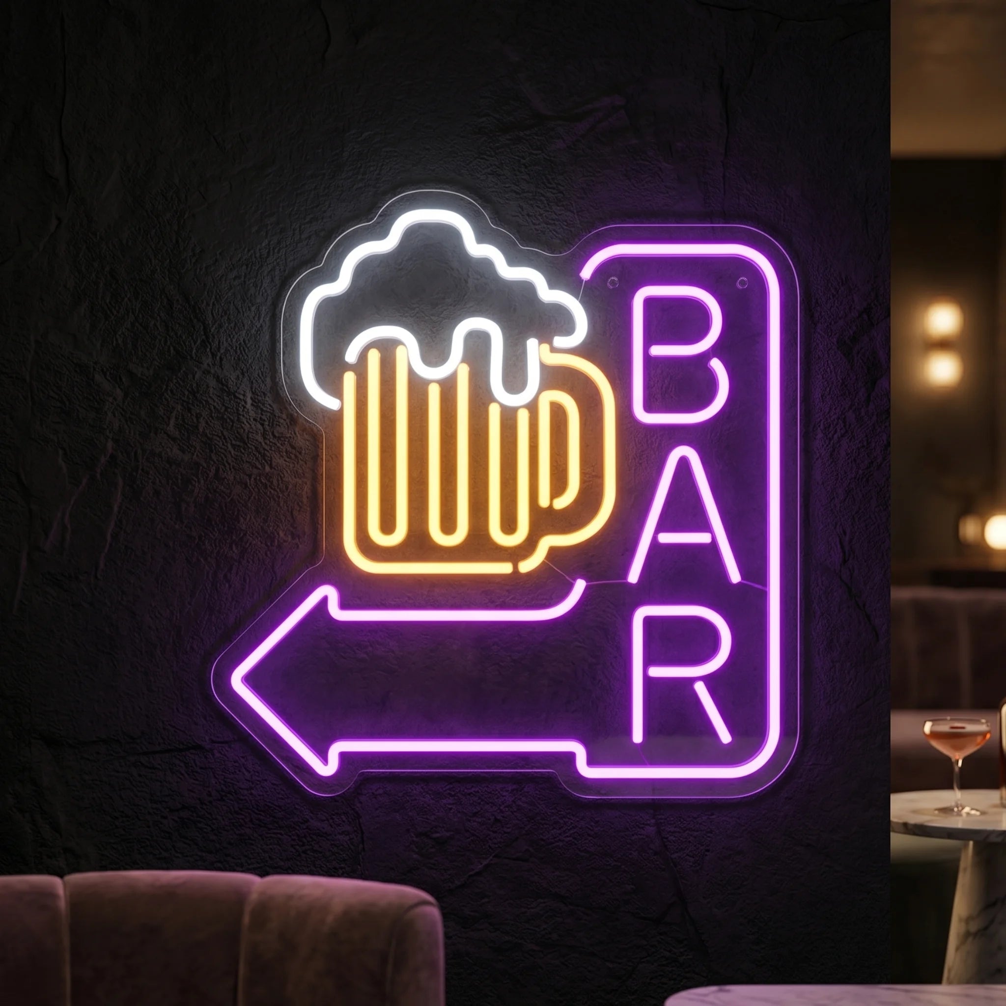 Photo of the 'BAR' neon sign glowing in cool white, lemon yellow and purple against a styled interior wall.