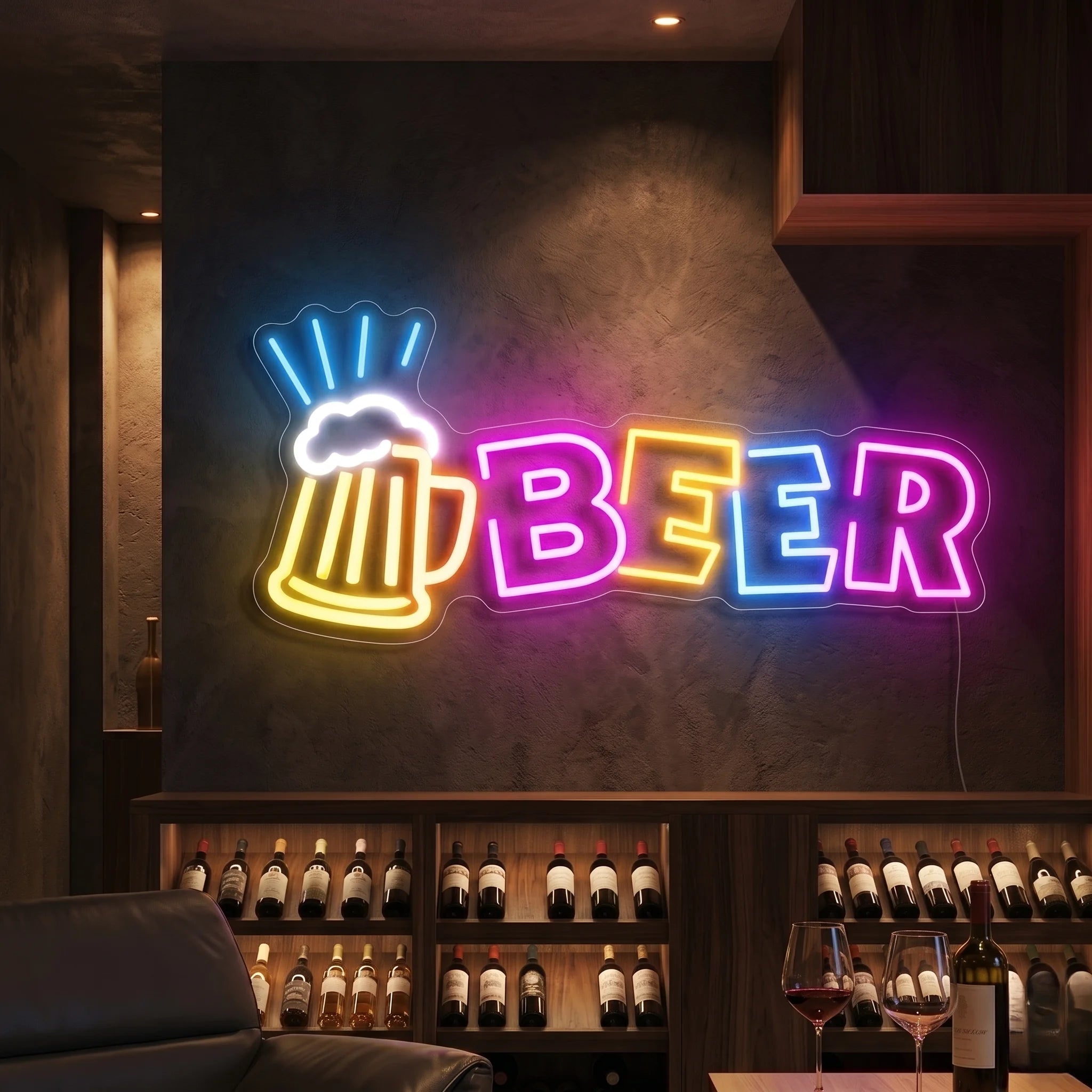Photo of the 'BEER' neon sign glowing in multi-color against a styled interior wall.