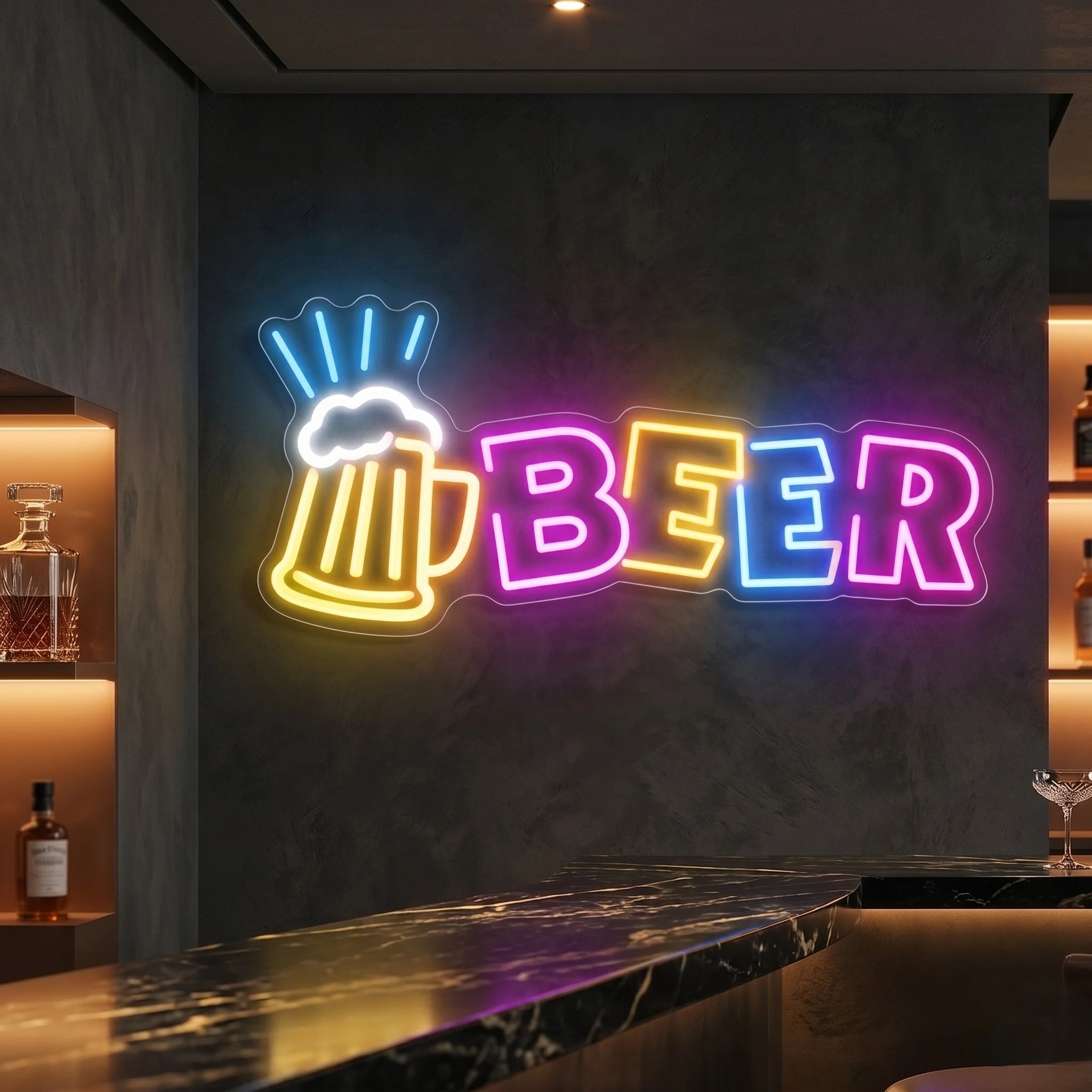 Photo of the 'BEER' neon sign glowing in multi-color against a styled interior wall.