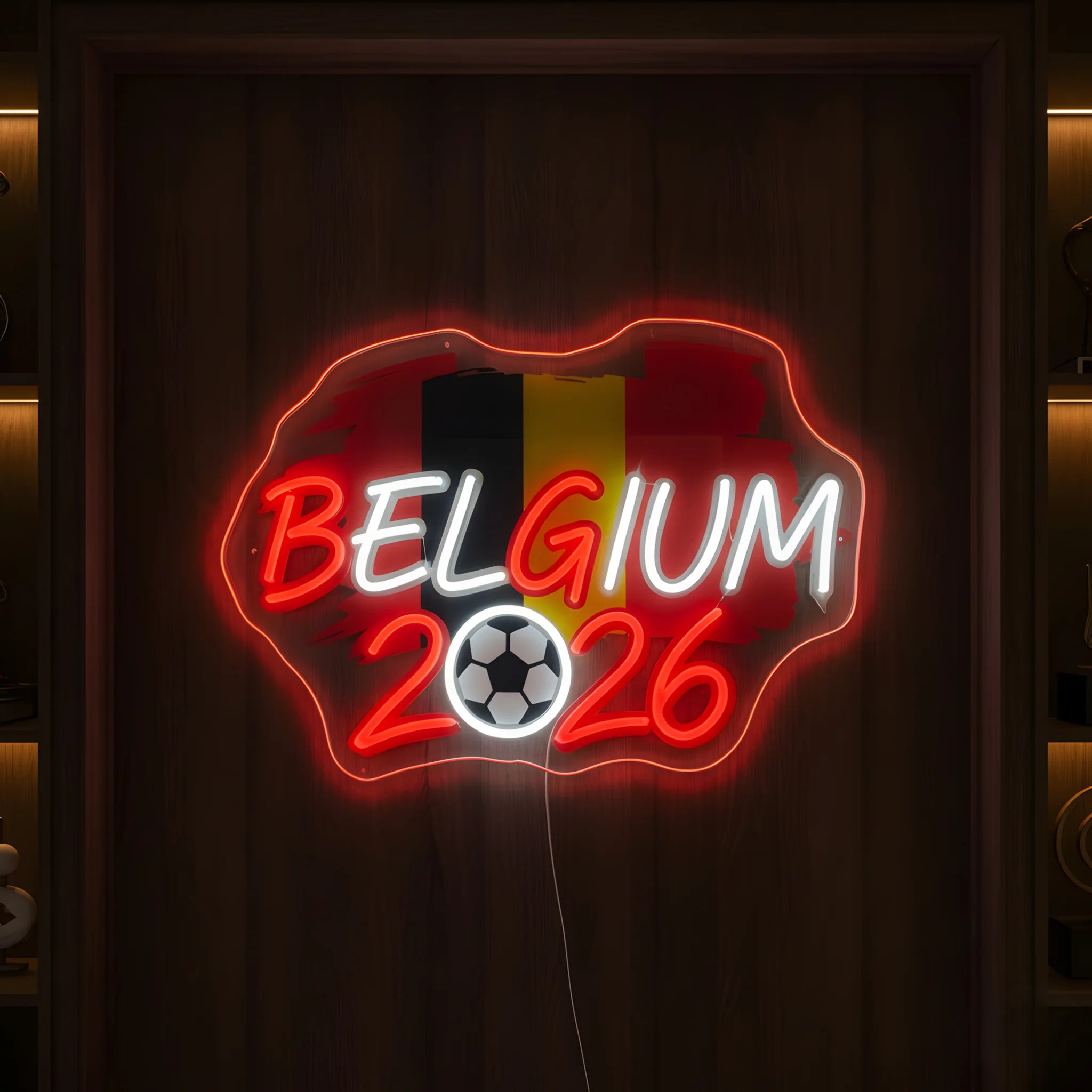 Belgium 2026 LED neon sign featuring Belgian flag artwork and football themed design