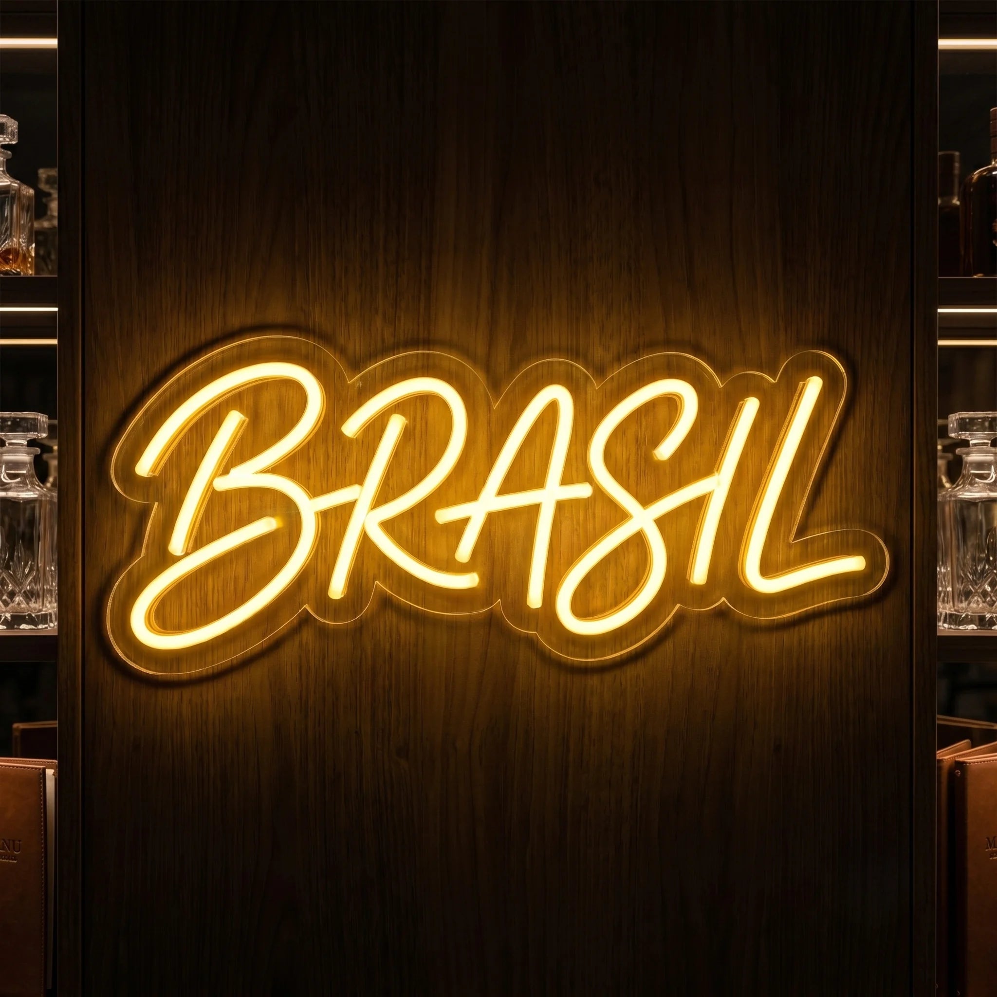 Brazil LED neon sign featuring elegant script lettering with warm golden illumination