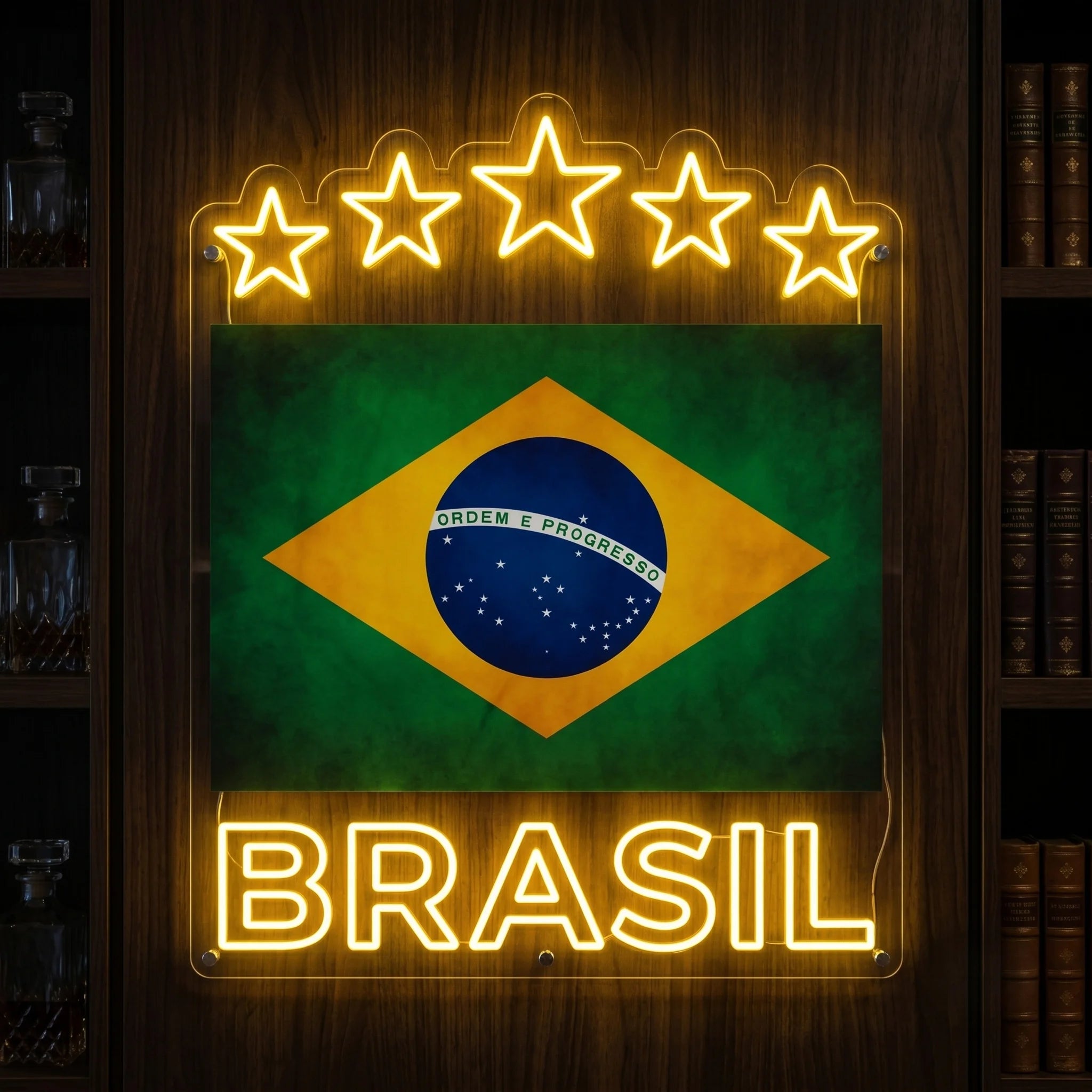 Brazil LED neon sign featuring national flag artwork five stars and glowing Brasil lettering