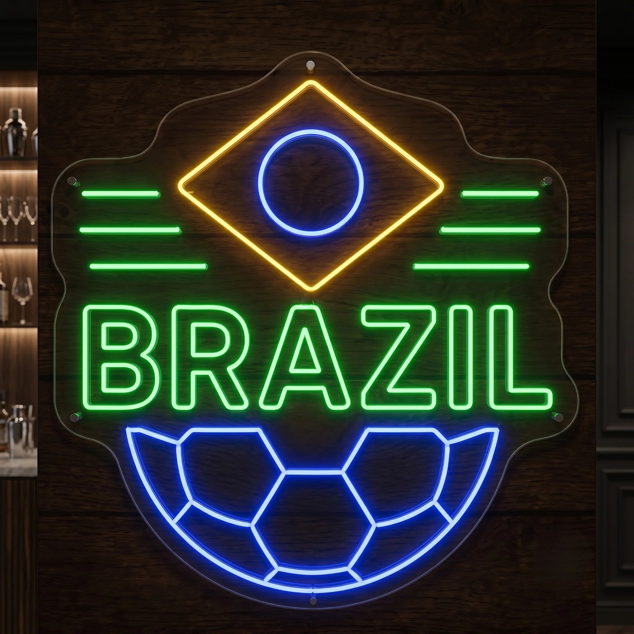 Brazil LED neon sign featuring football crest design with soccer ball artwork and national colours