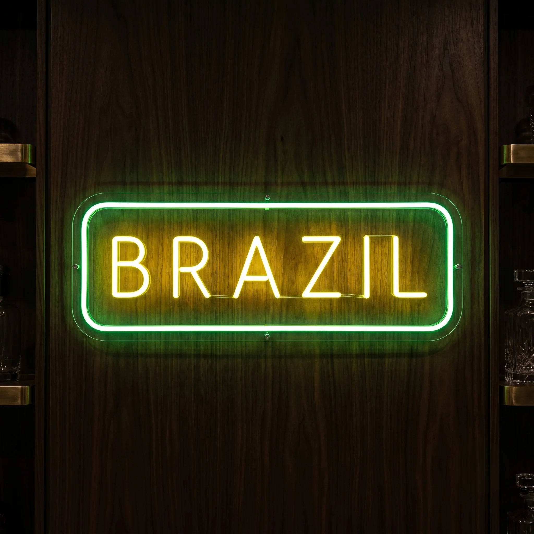 Brazil LED neon sign featuring yellow lettering with green illuminated rectangular border