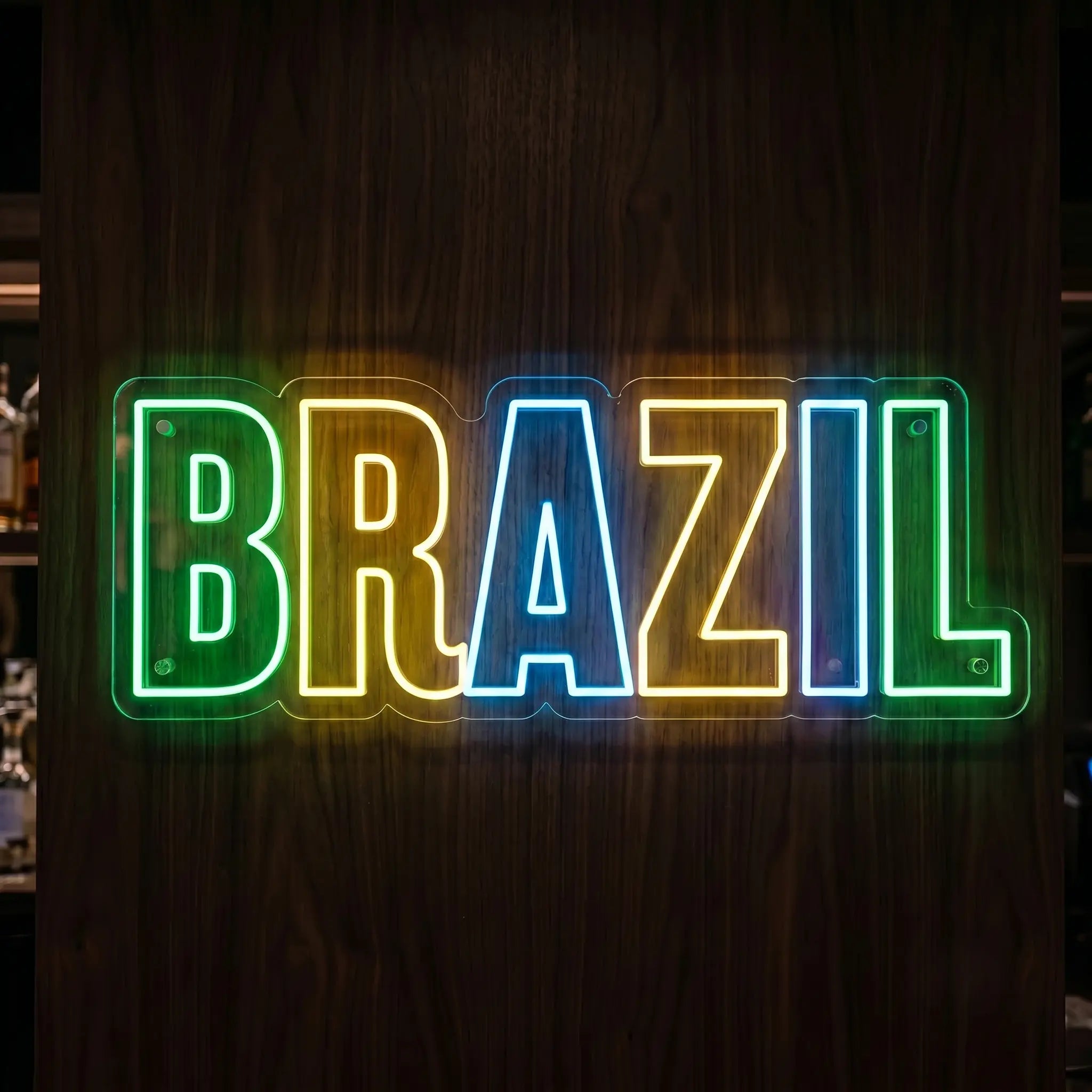 Brazil LED neon sign featuring multicolour lettering in green yellow blue and white