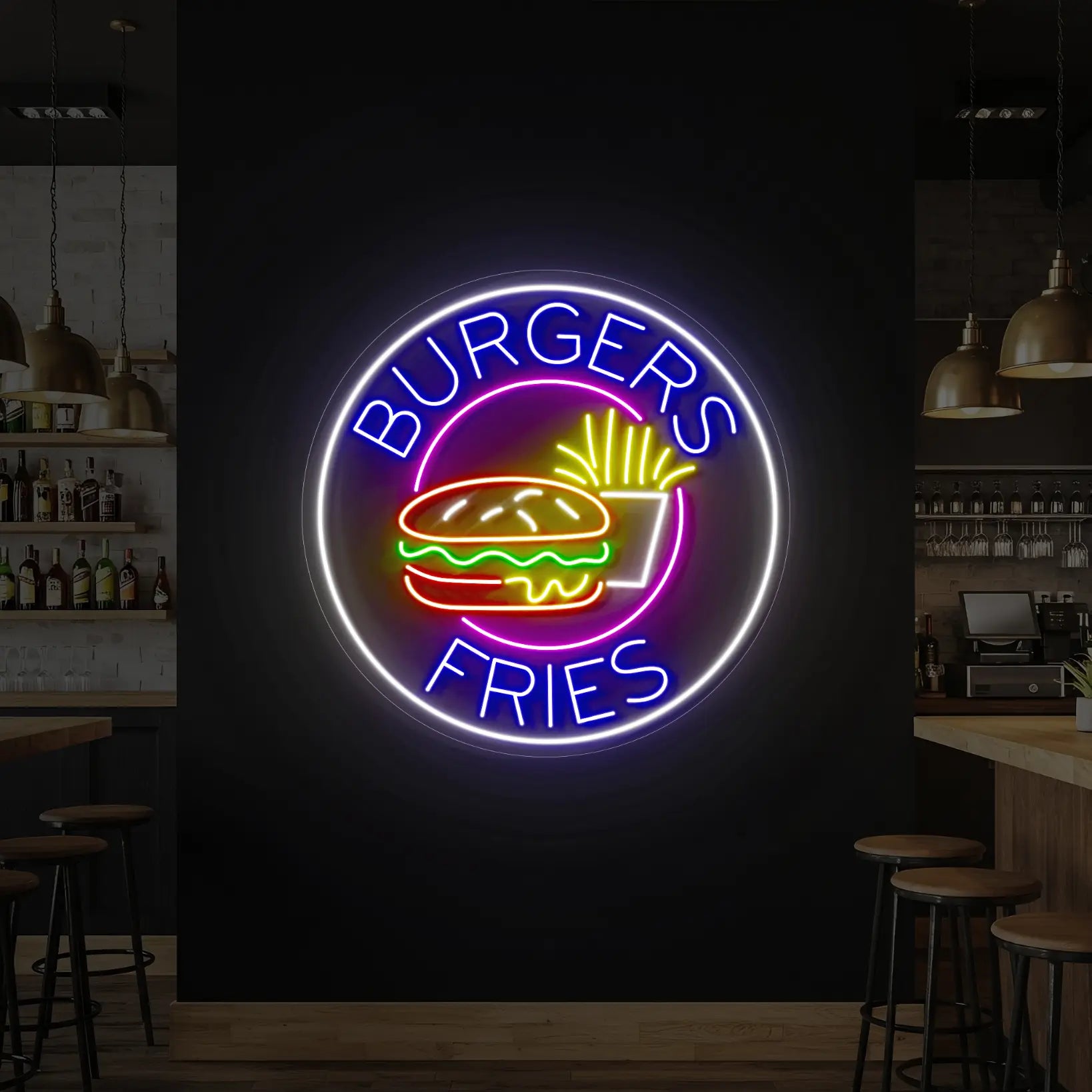 Photo of the 'Burgers & Fries' neon sign glowing in blue, purple, yellow, cool white, orange and red against a styled interior wall.