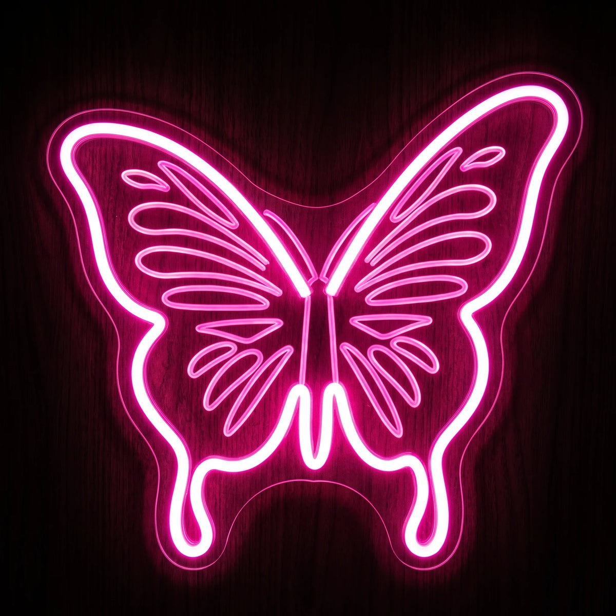 Butterfly Outline LED neon sign featuring a bright pink glowing butterfly with detailed wings on clear acrylic backing.