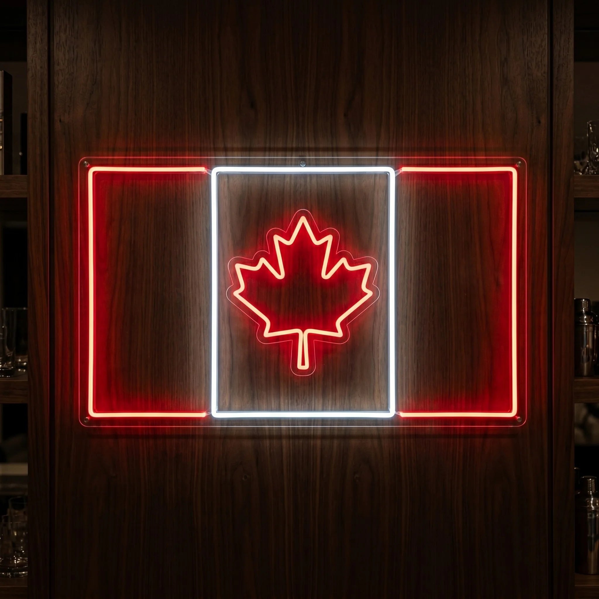 Canada LED neon sign featuring flag outline design with illuminated maple leaf in red and cool white
