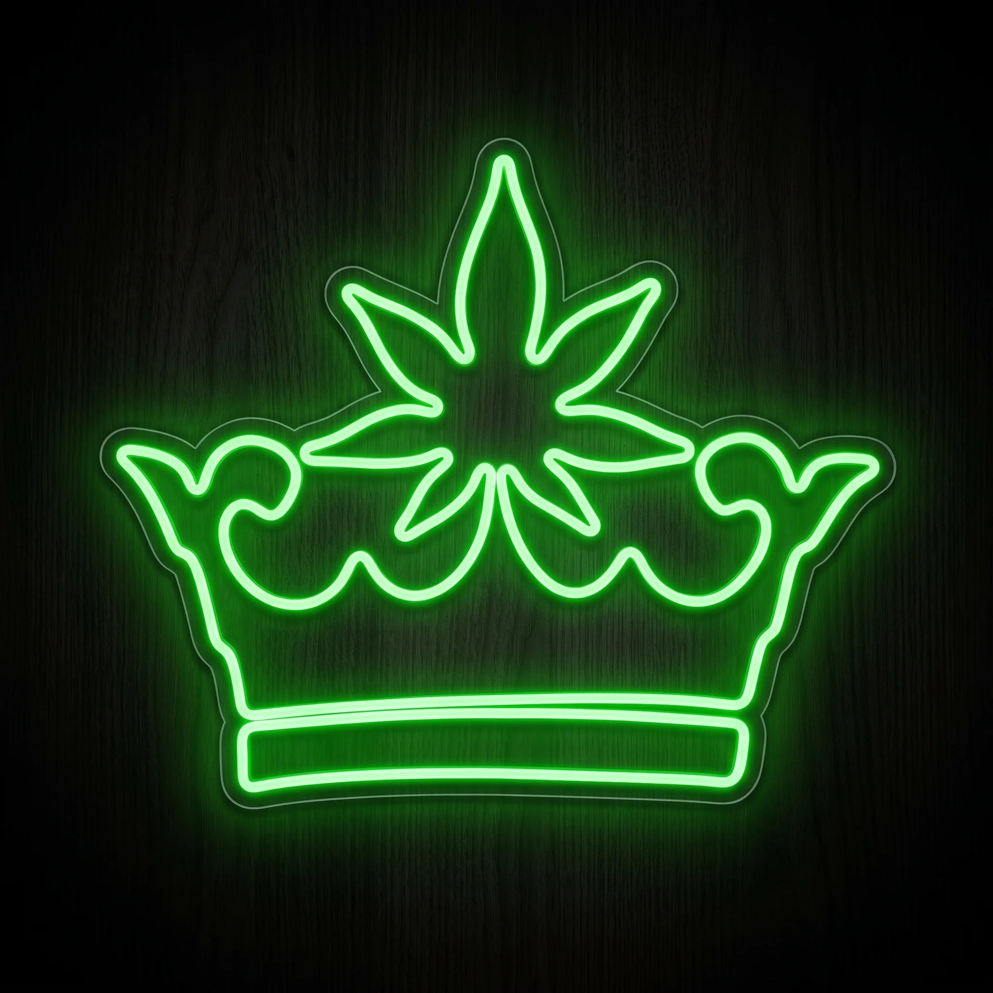 Cannabis Leaf Crown LED neon sign on clear acrylic backing with bright green illumination for cannabis-themed wall décor.