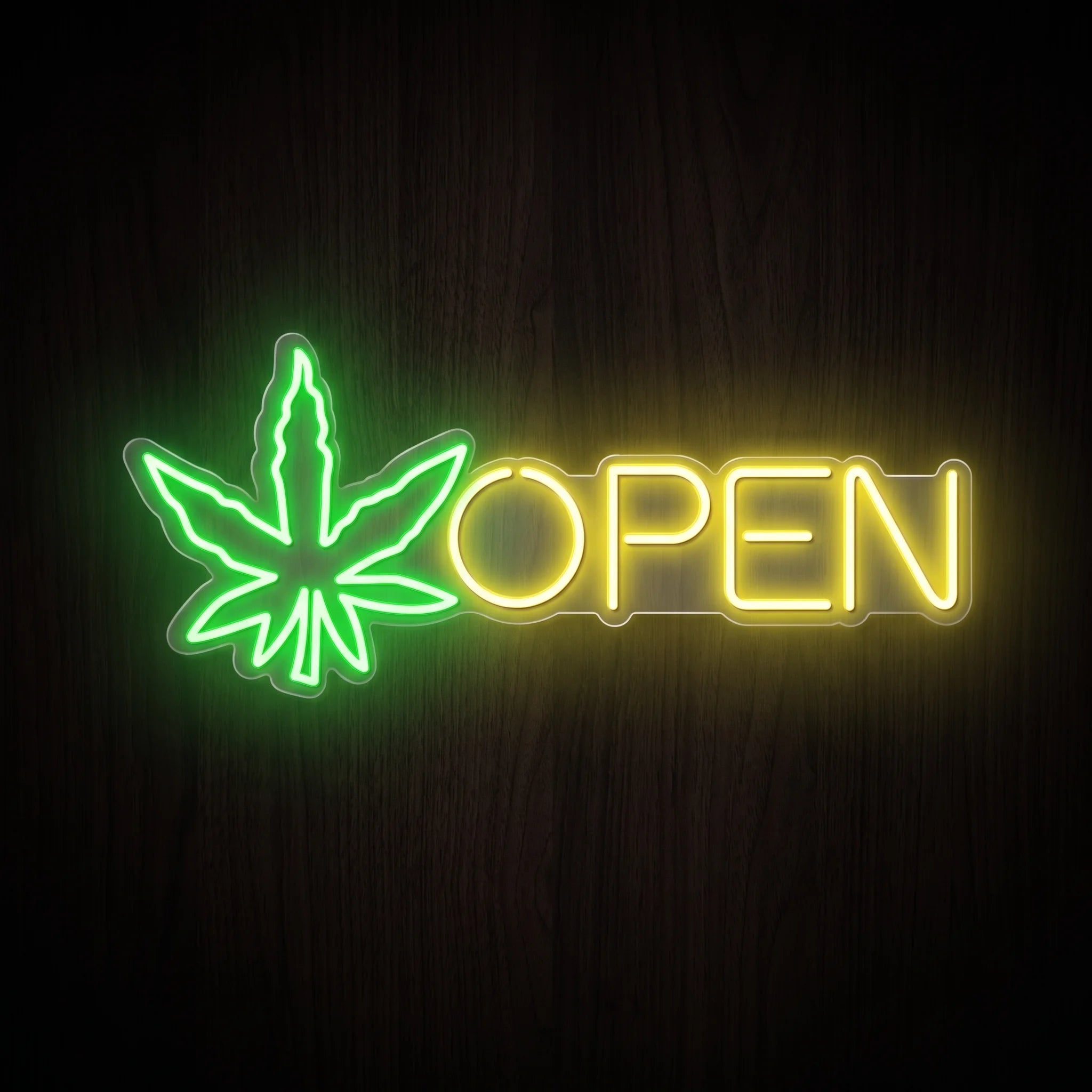 Cannabis Open Glow LED neon sign featuring a bright green marijuana leaf with yellow OPEN lettering on a clear acrylic backing.