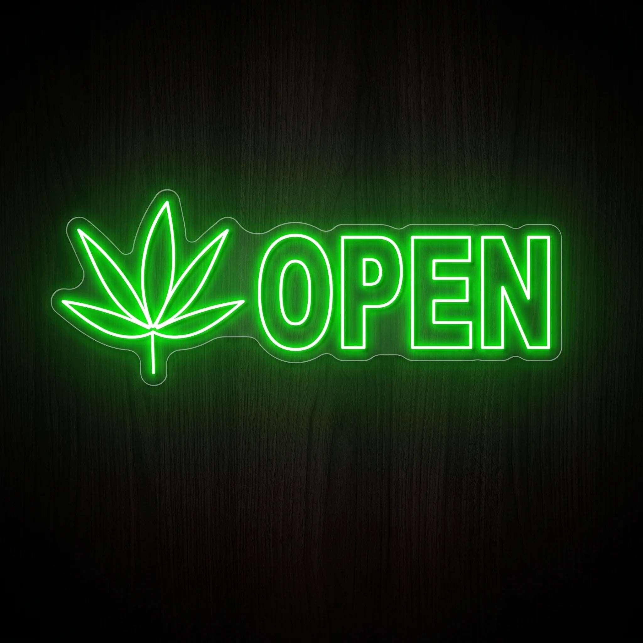 Cannabis Open Shop LED neon sign featuring a green marijuana leaf beside bright green OPEN lettering on a clear acrylic backing.