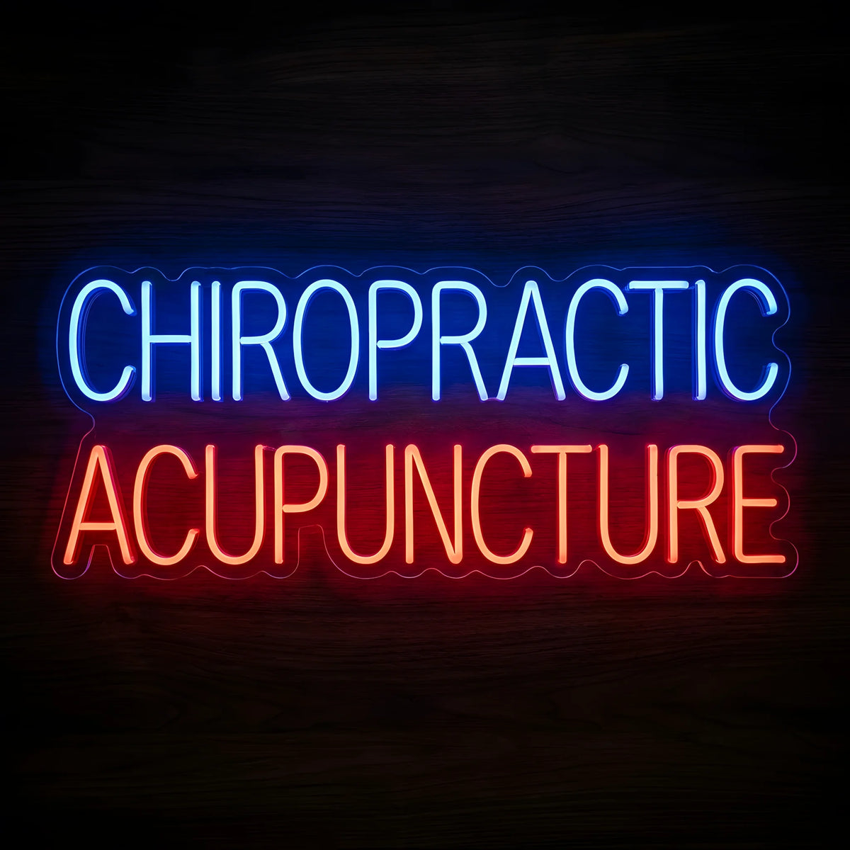 Chiropractic Acupuncture LED neon sign with blue CHIROPRACTIC lettering and red-orange ACUPUNCTURE lettering on clear acrylic backing for chiropractic and acupuncture clinic wall decor.