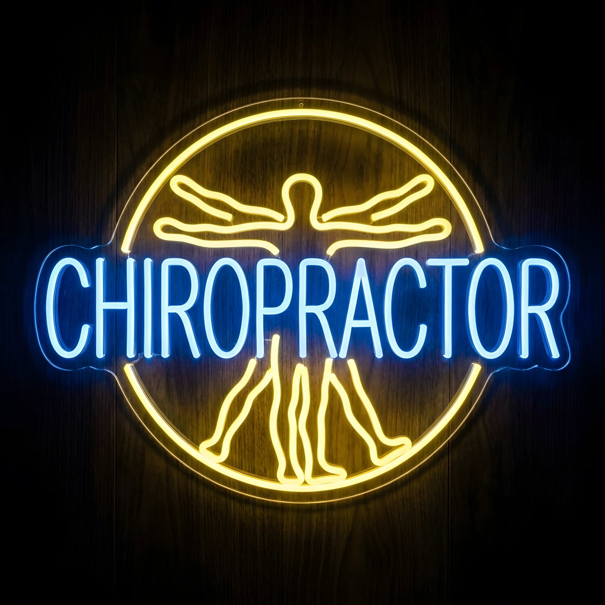 Chiropractic Human Anatomy LED neon sign featuring a yellow human figure with outstretched arms inside a circular outline and blue CHIROPRACTOR lettering on clear acrylic backing for chiropractic clinic wall decor.