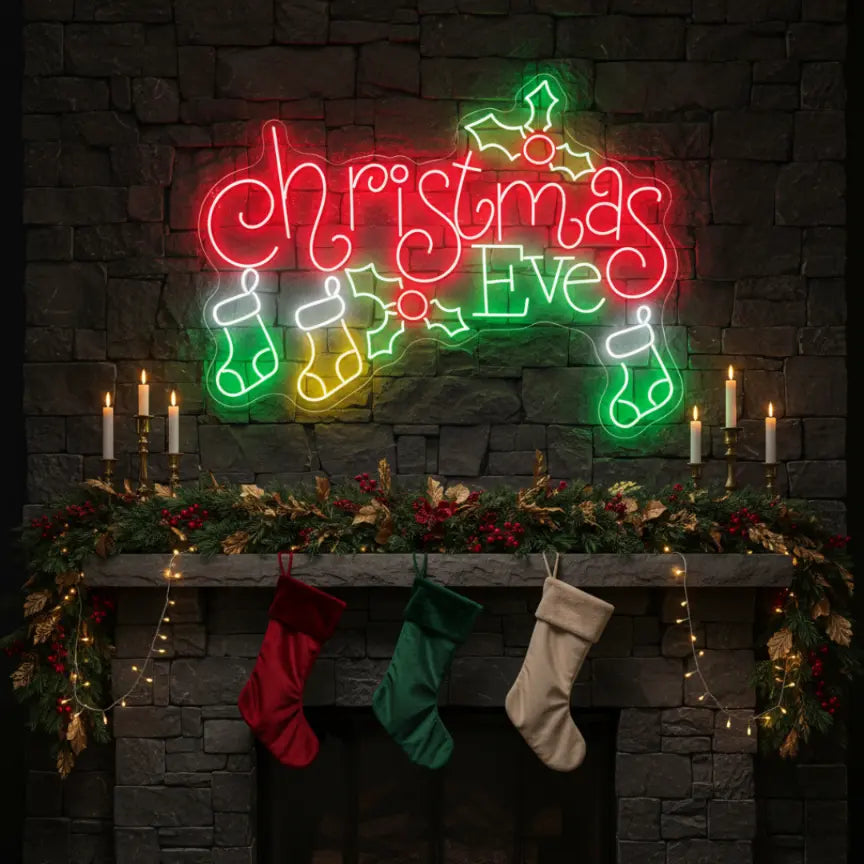 Photo of the 'Christmas Eve' neon sign glowing in multicolor against a styled interior wall.