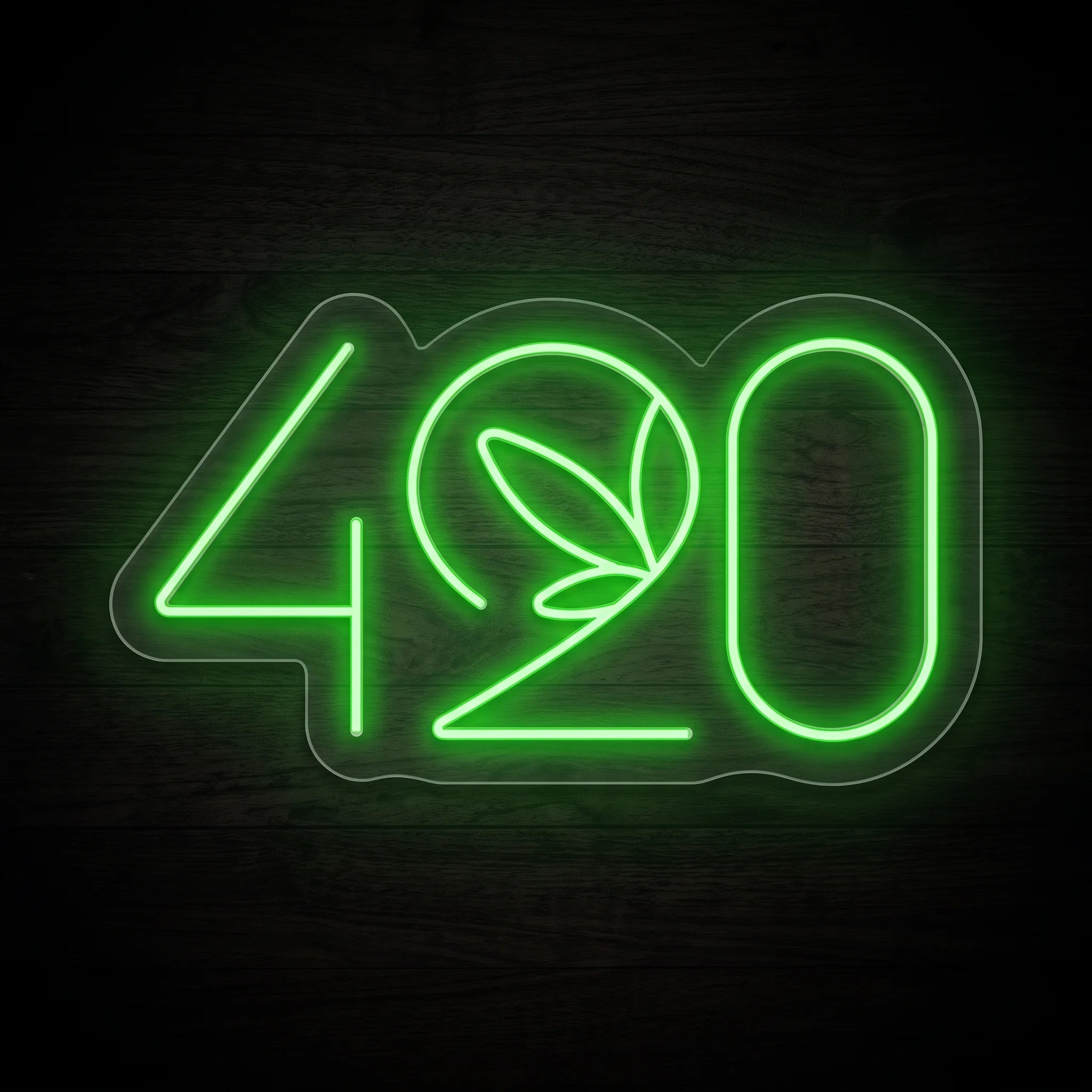 Classic 420 Outline LED neon sign featuring green illuminated 420 numbers with a minimalist cannabis leaf outline on a clear acrylic backing.