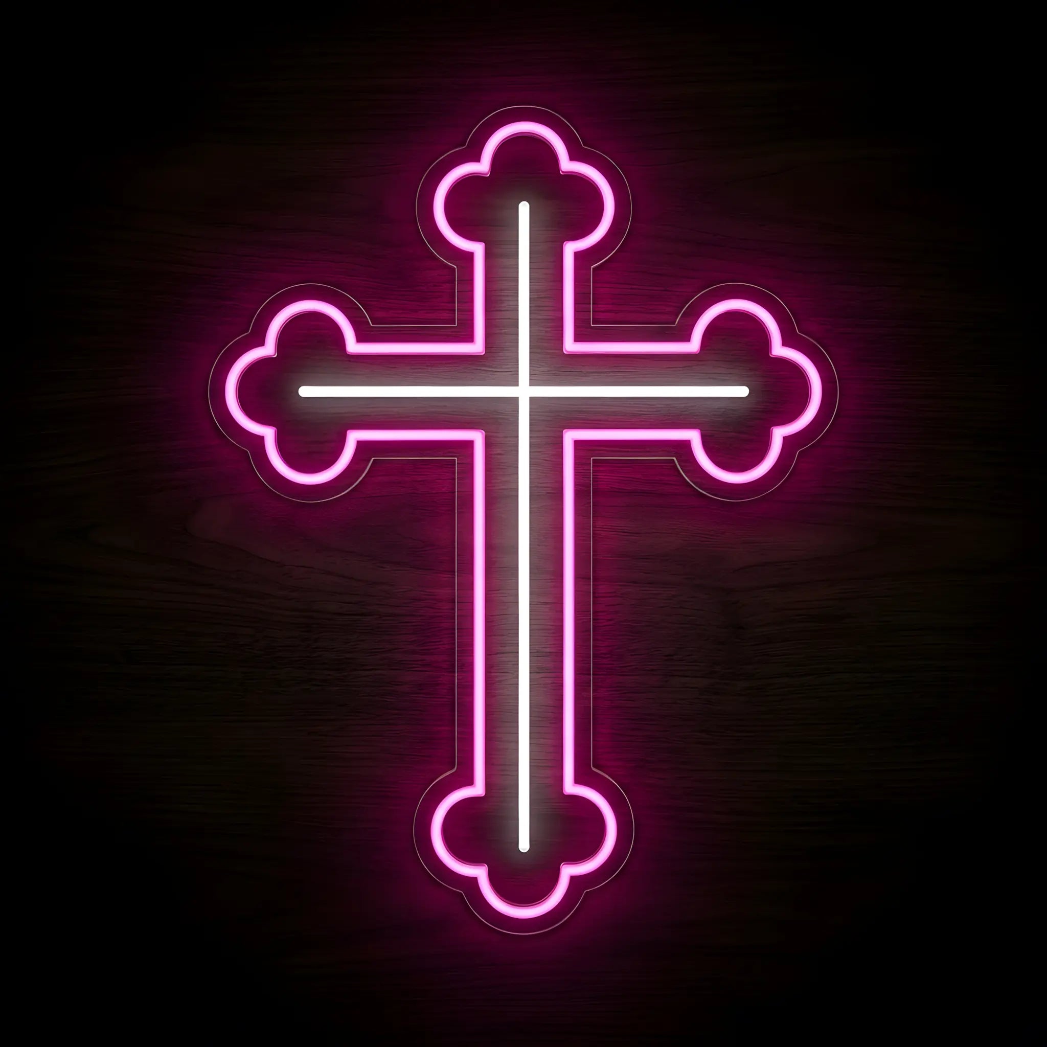 Ornate Cross LED neon sign featuring a pink outlined Christian cross with a glowing white center on a clear acrylic backing for faith-inspired wall decor.