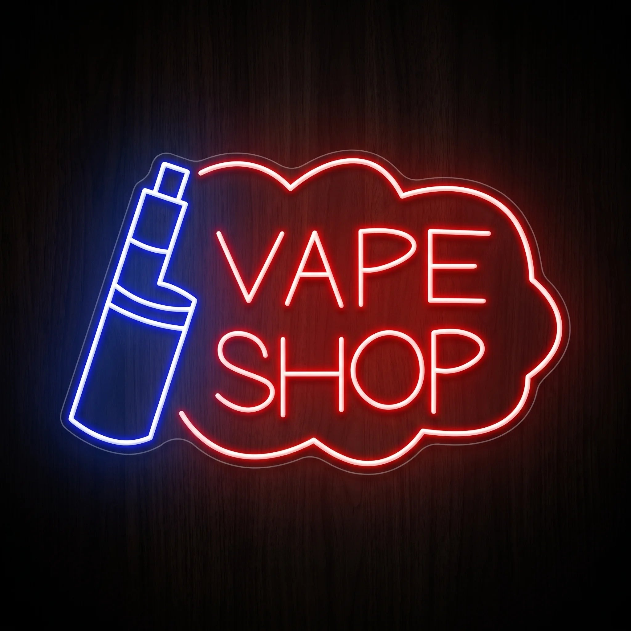 Classic Vape Outlet LED neon sign featuring a blue vape device and red cloud-shaped Vape Shop design on a clear acrylic backing.