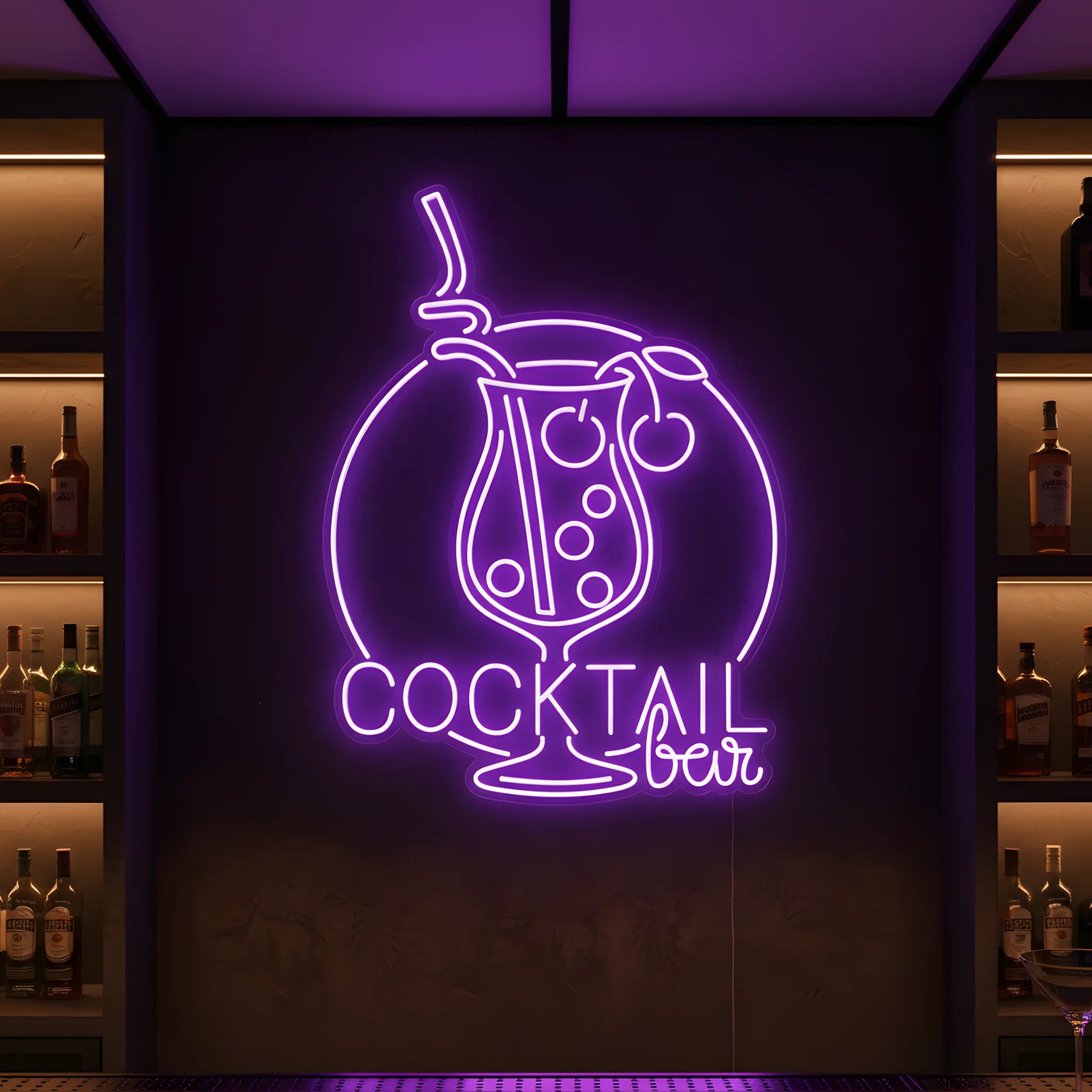 Photo of the 'COCKTAIL BAR' neon sign glowing in multi-color against a styled interior wall.