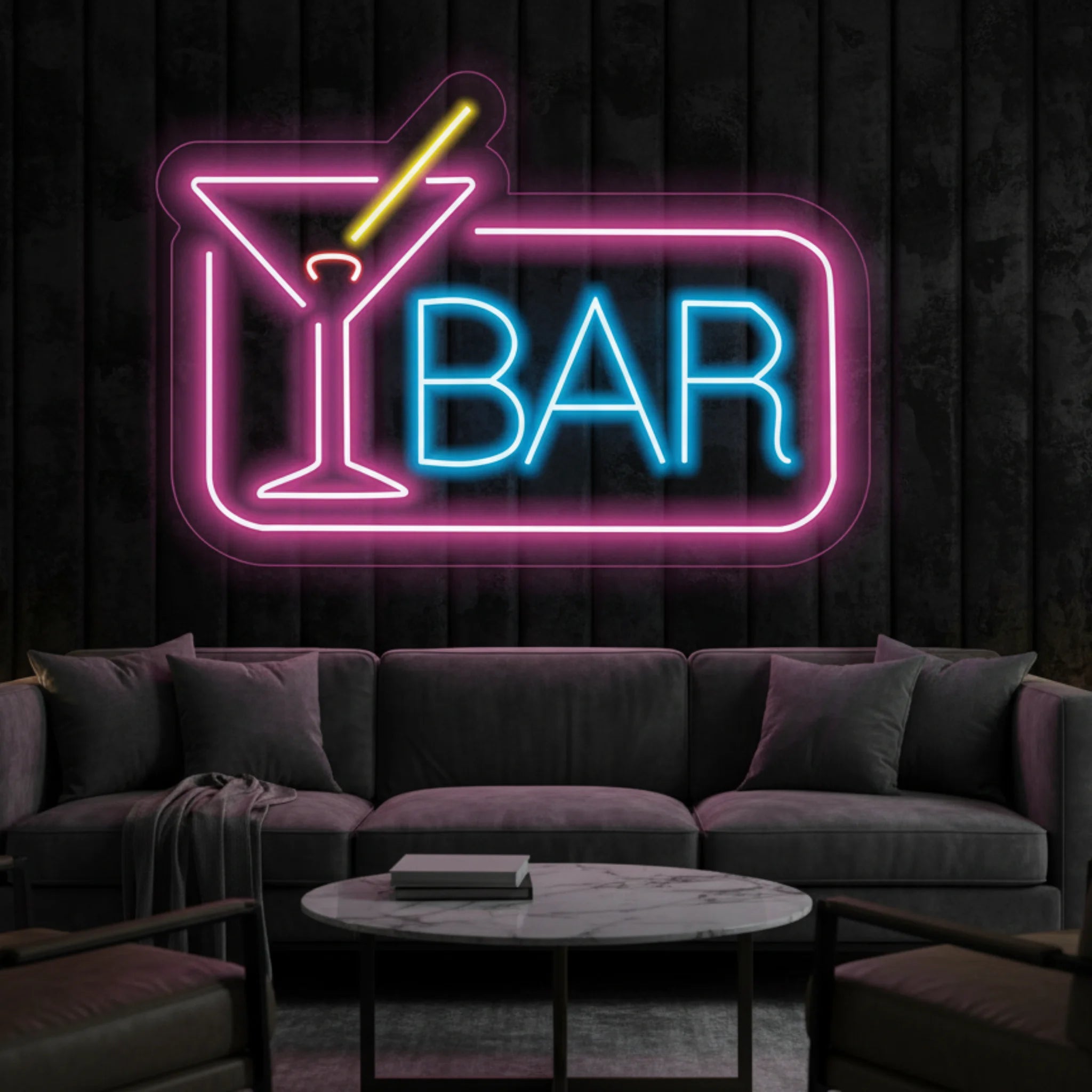 Photo of the 'BAR' neon sign glowing in multi-color against a styled interior wall.
