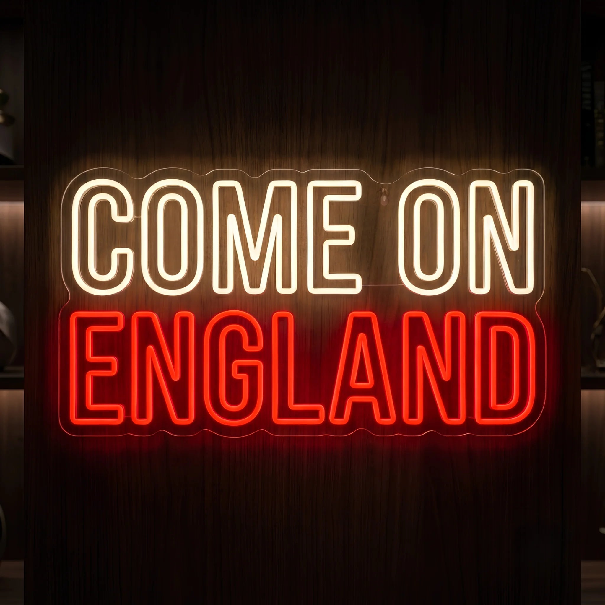 Come On England LED neon sign featuring bold warm white and red illuminated football slogan lettering