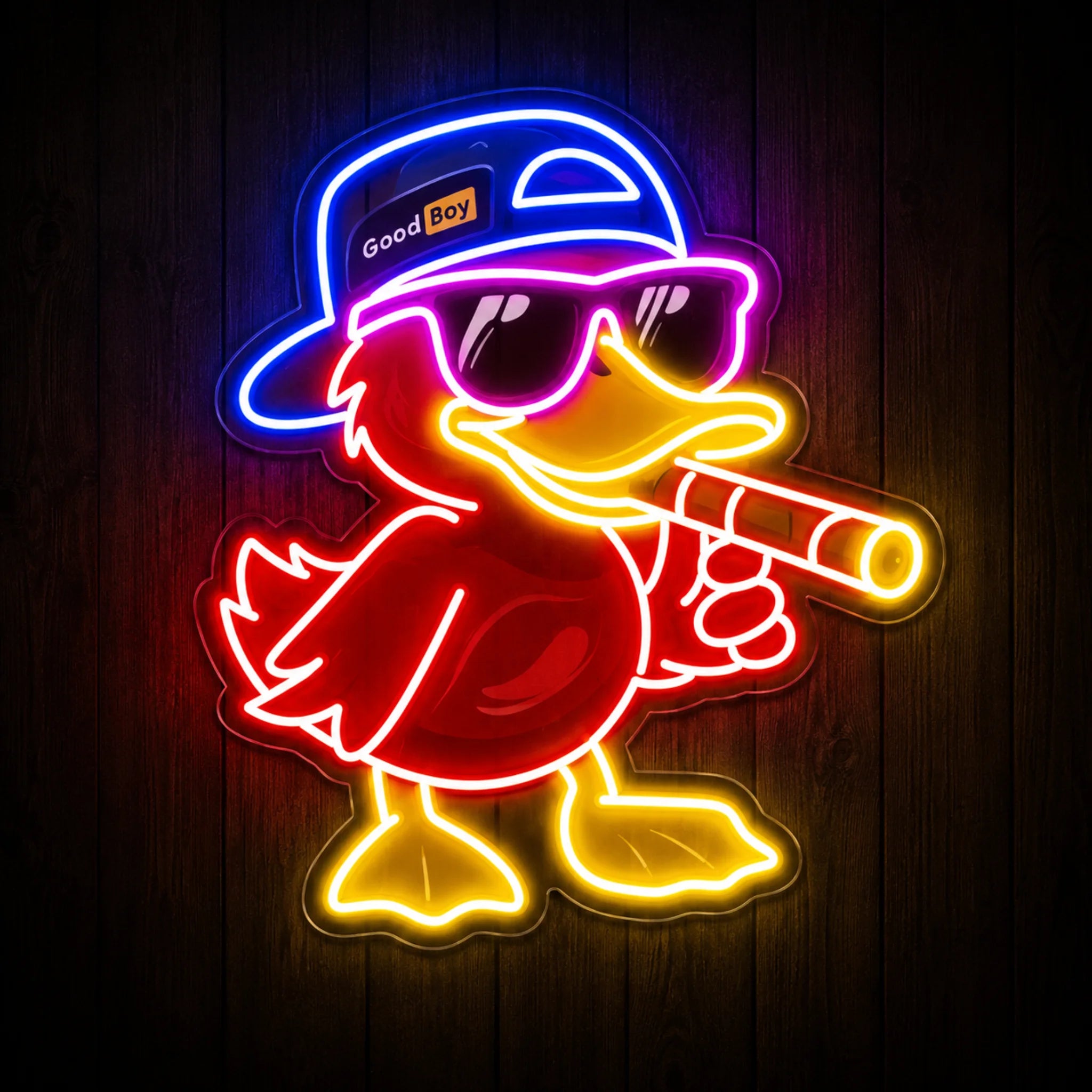 Cool duck smoker LED neon sign with a red duck, blue cap, pink sunglasses, orange cigar, multicolor lighting, and acrylic backing for recreational wall décor.
