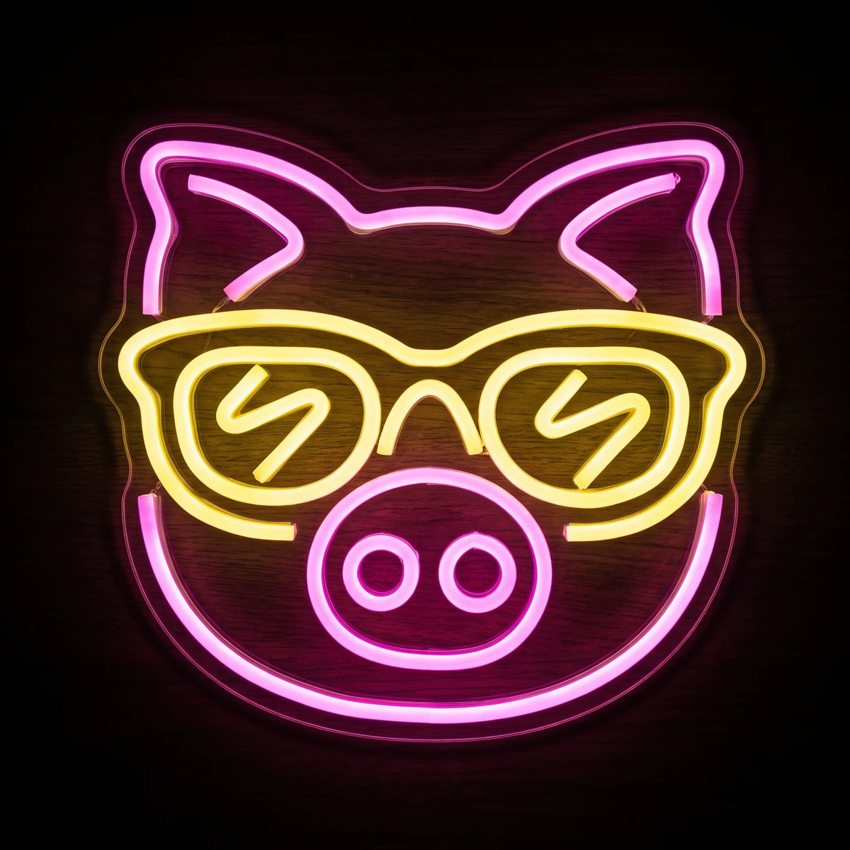 Cool Pig LED neon sign featuring a pink pig face wearing bright yellow glasses mounted on clear acrylic.