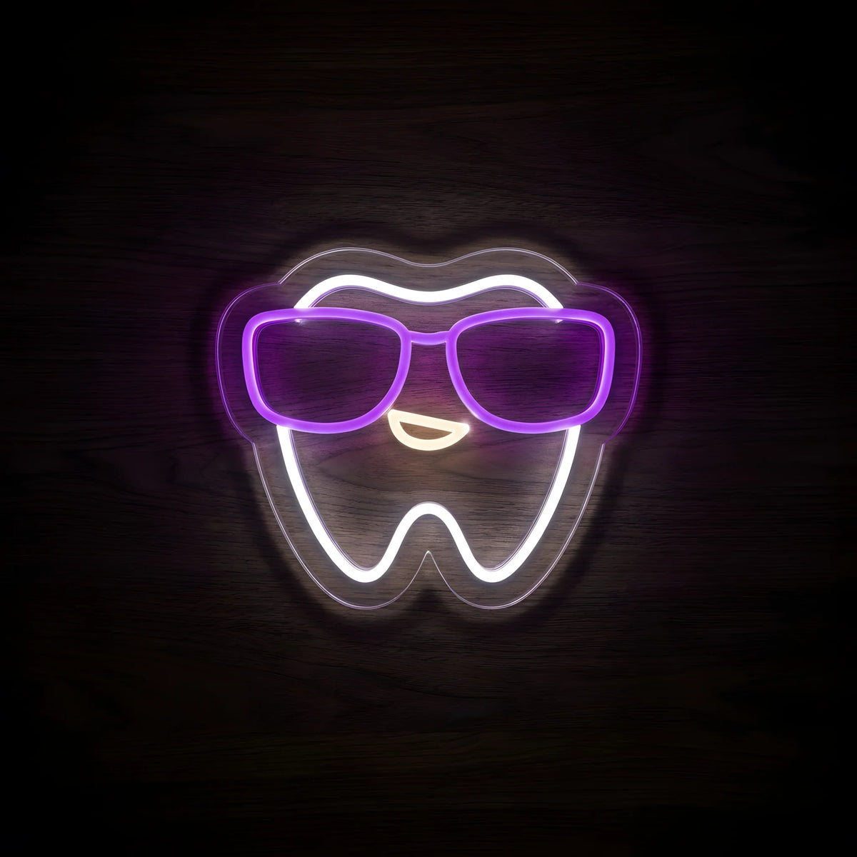 Cool Tooth Sunglasses LED neon sign featuring a smiling white tooth wearing glowing purple sunglasses on clear acrylic backing for pediatric dental clinic and dentist office wall decor.