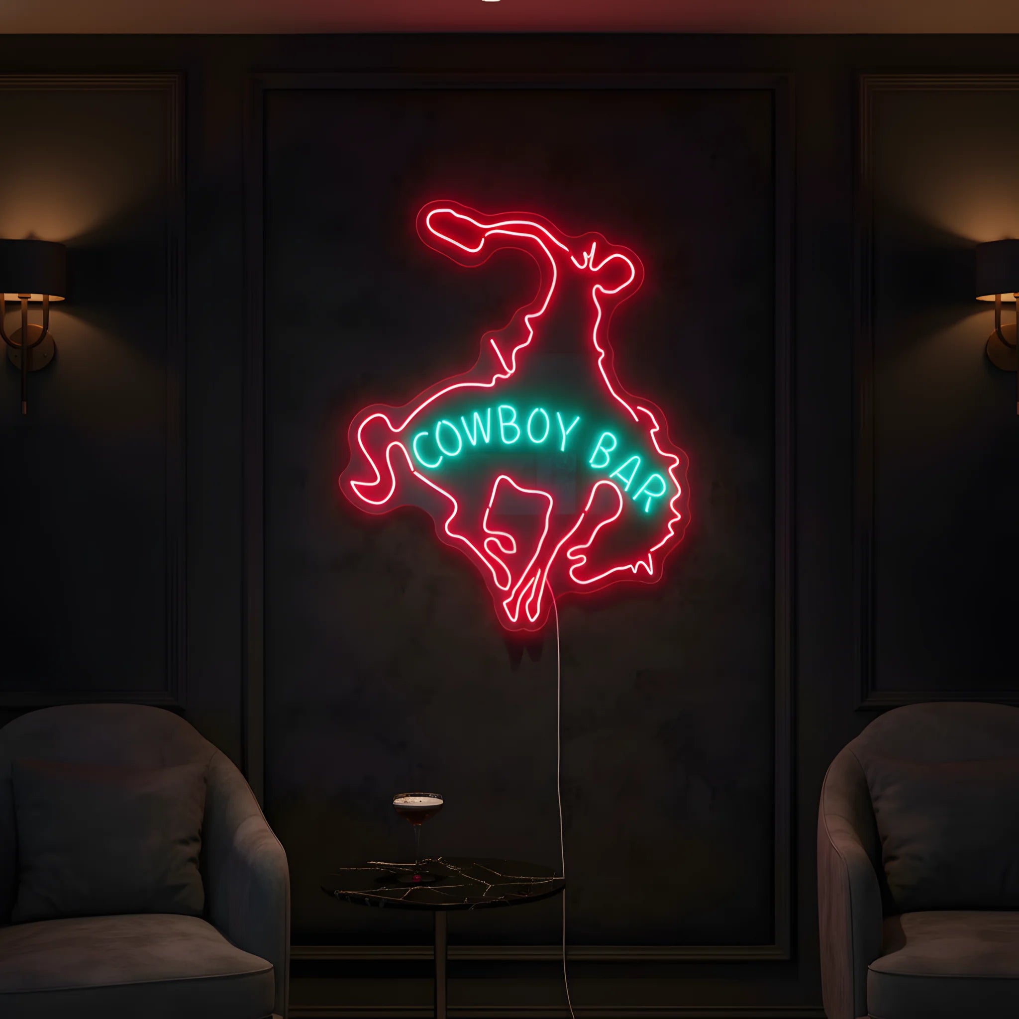 Photo of the 'Cowboy Bar' neon sign glowing in multi-color against a western-inspired bar wall.