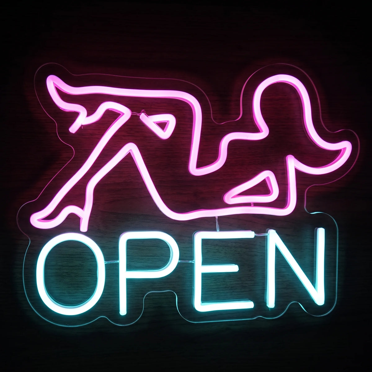 Cowgirl Boot Open LED neon sign featuring a bright pink Western boot above white OPEN lettering on clear acrylic.