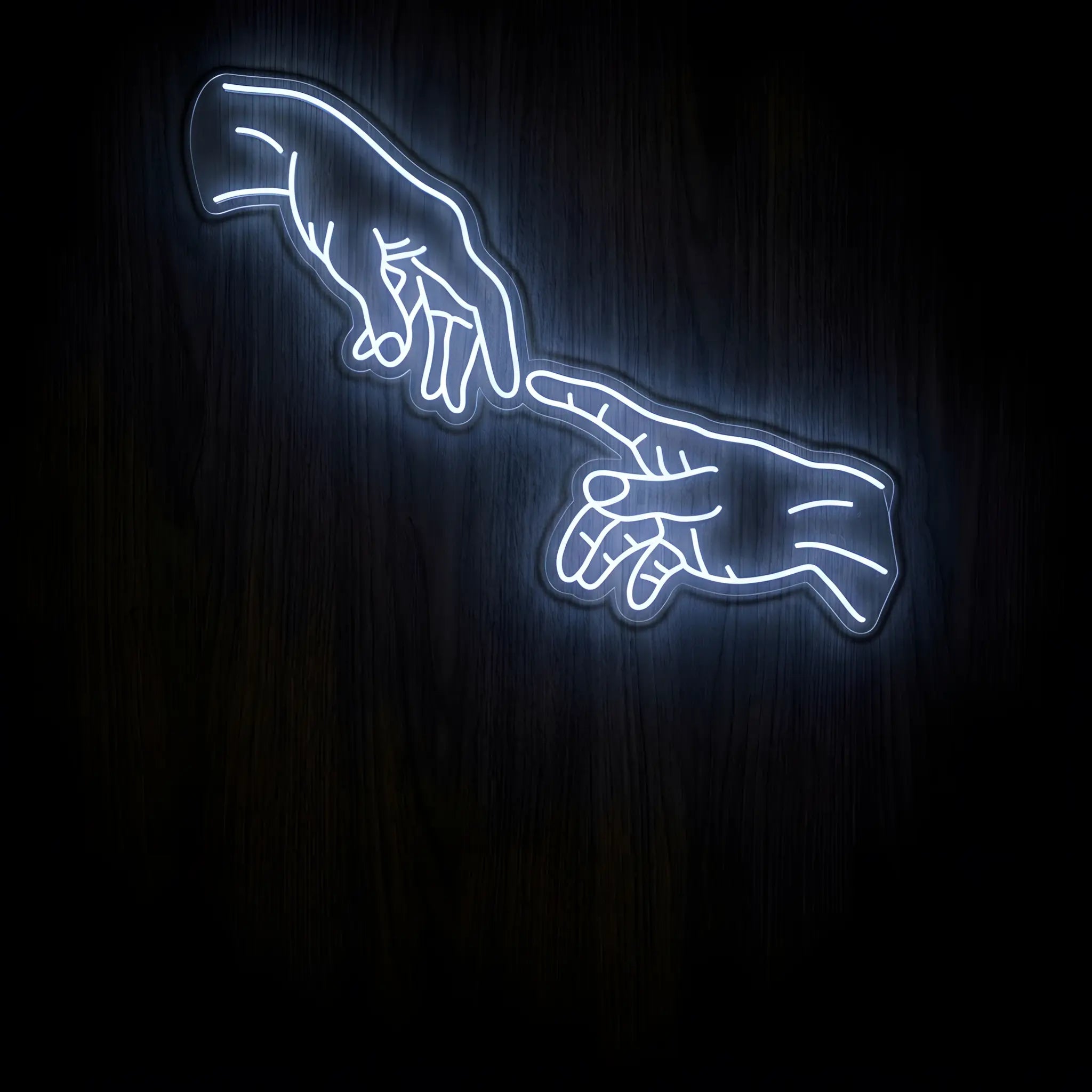 Creation of Adam Hands LED neon sign on precision-cut acrylic backing with white illumination for Christian wall decor.