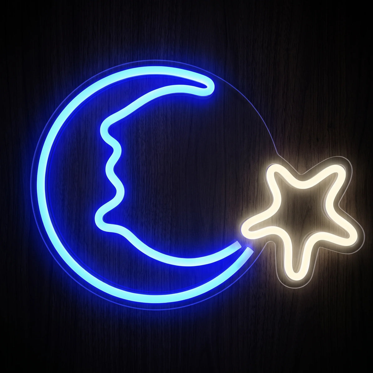 Crescent Moon Star LED neon sign featuring a glowing blue crescent moon and warm white star mounted on clear acrylic.