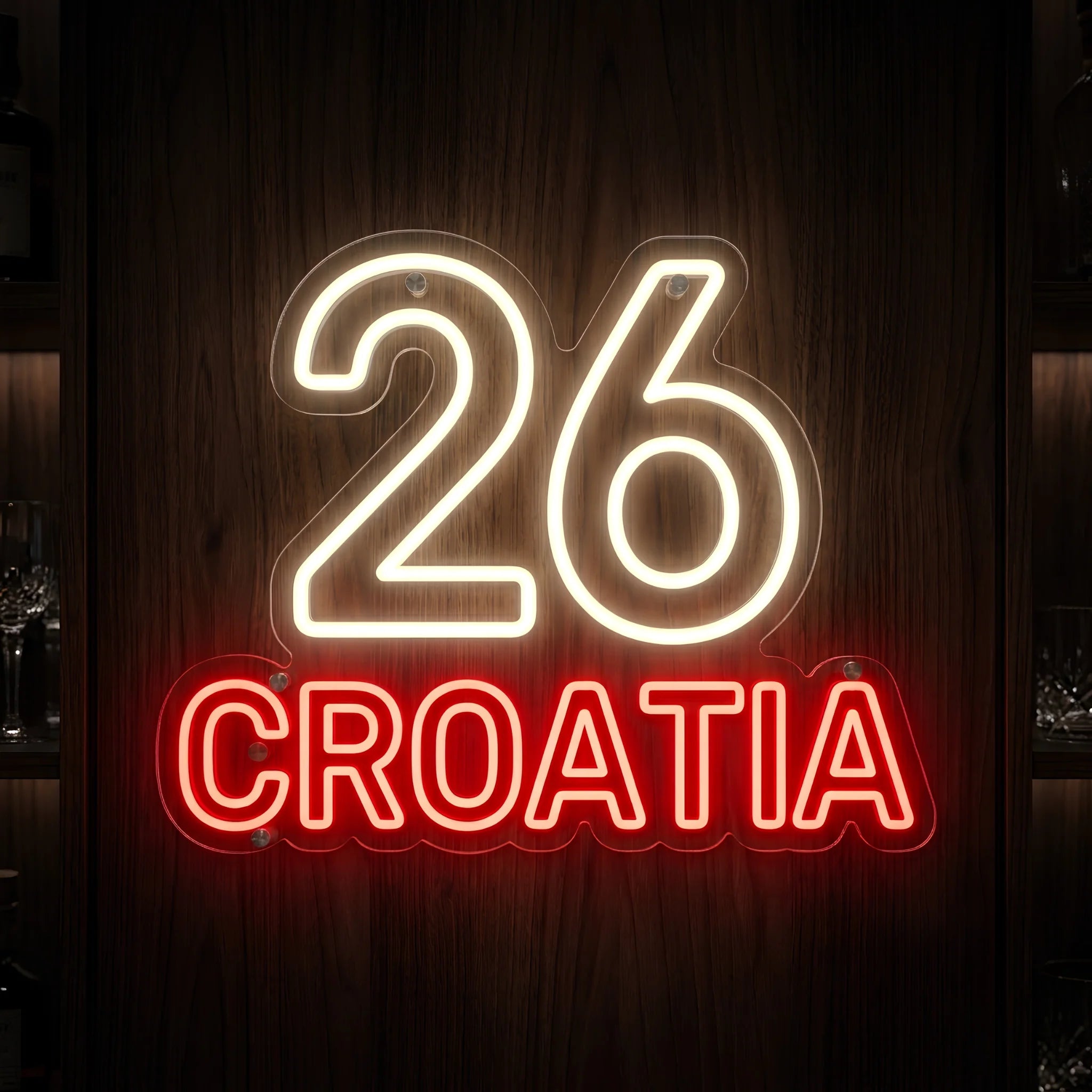 26 Croatia LED neon sign featuring illuminated football-inspired numerals and bold Croatia lettering