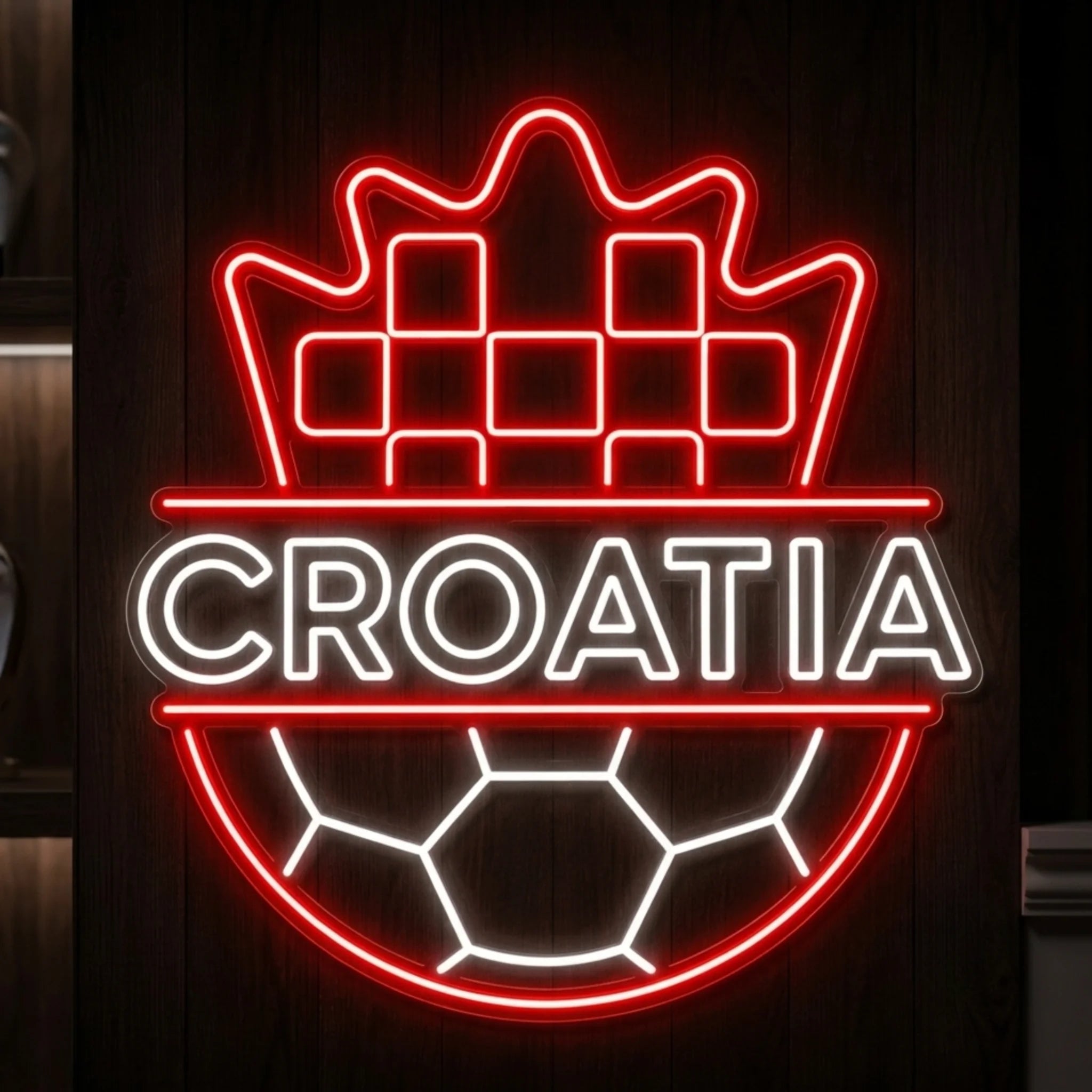 Croatia LED neon sign featuring a checkered crest football shield with illuminated Croatia lettering