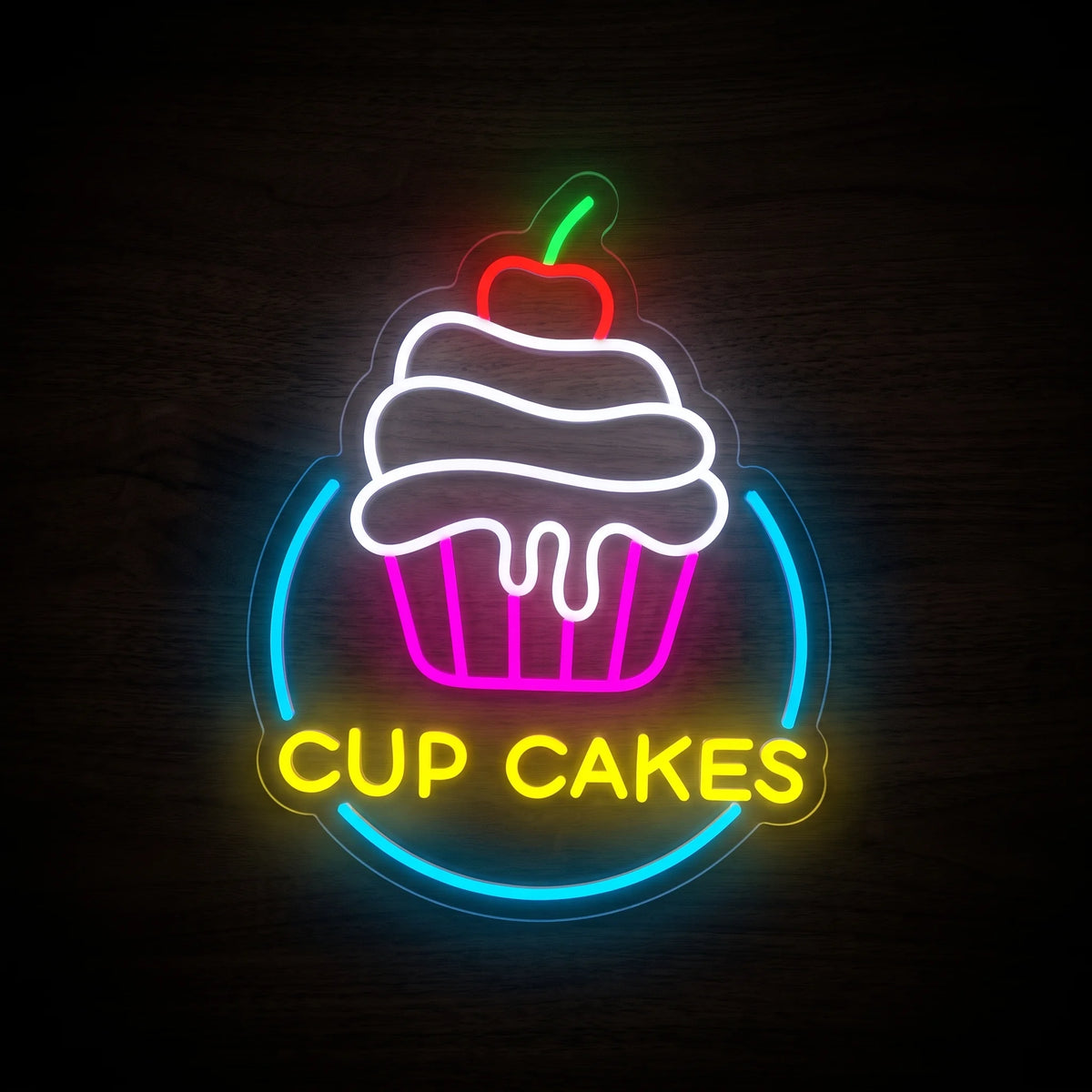 CUP CAKES LED neon sign with white and pink cupcake, red cherry, yellow lettering, blue accents, and clear acrylic backing.